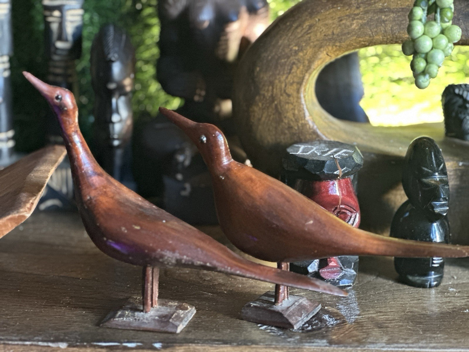 Pair Brown MCM Hand Carved Wooden Sea Shore Wading Bird Sculpture Nautical Beach