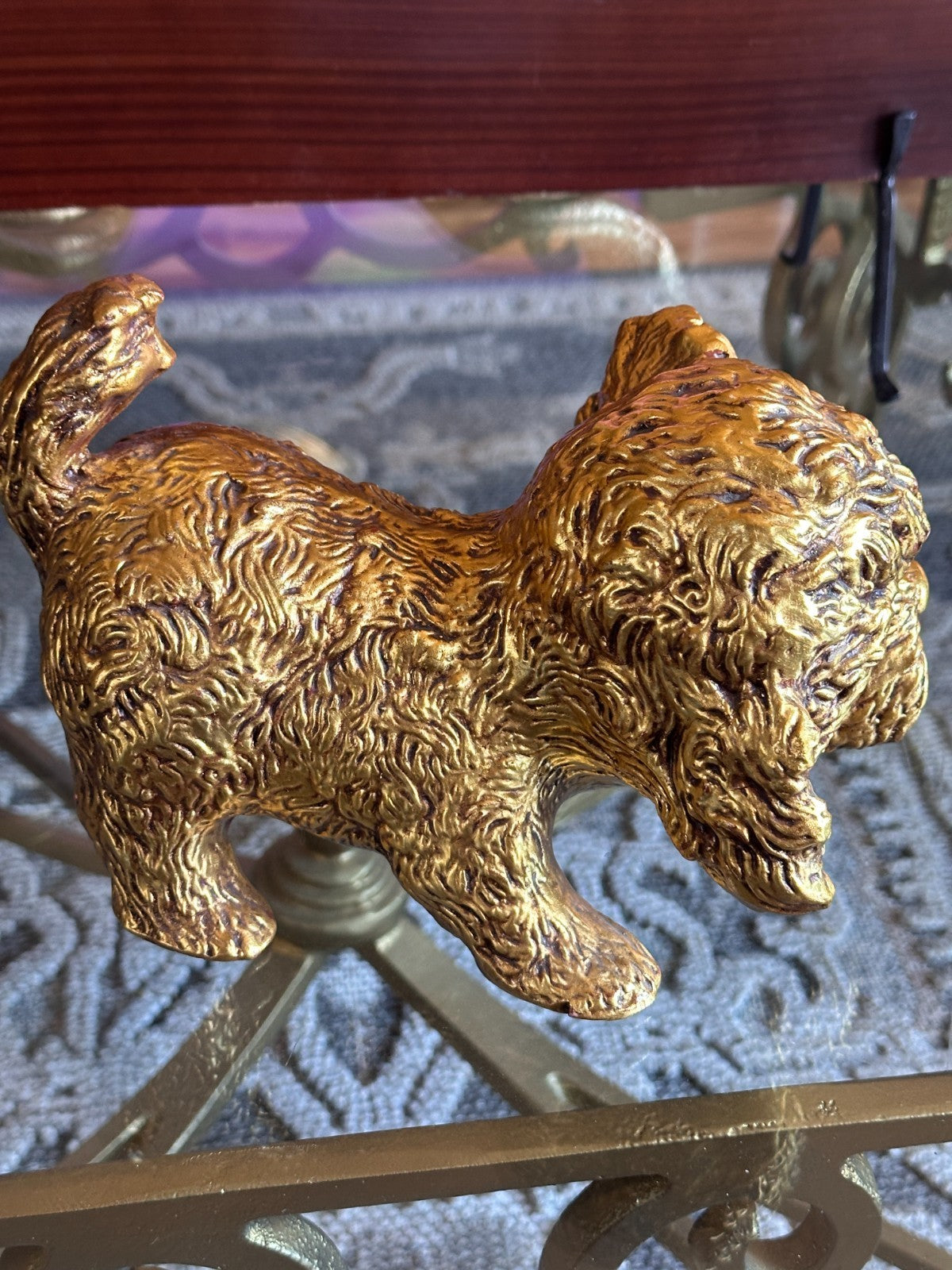 Vintage Hetrick McFarland Gold Leaf Dog Pottery Sculpture Fluffy Puppy Shih Tzu