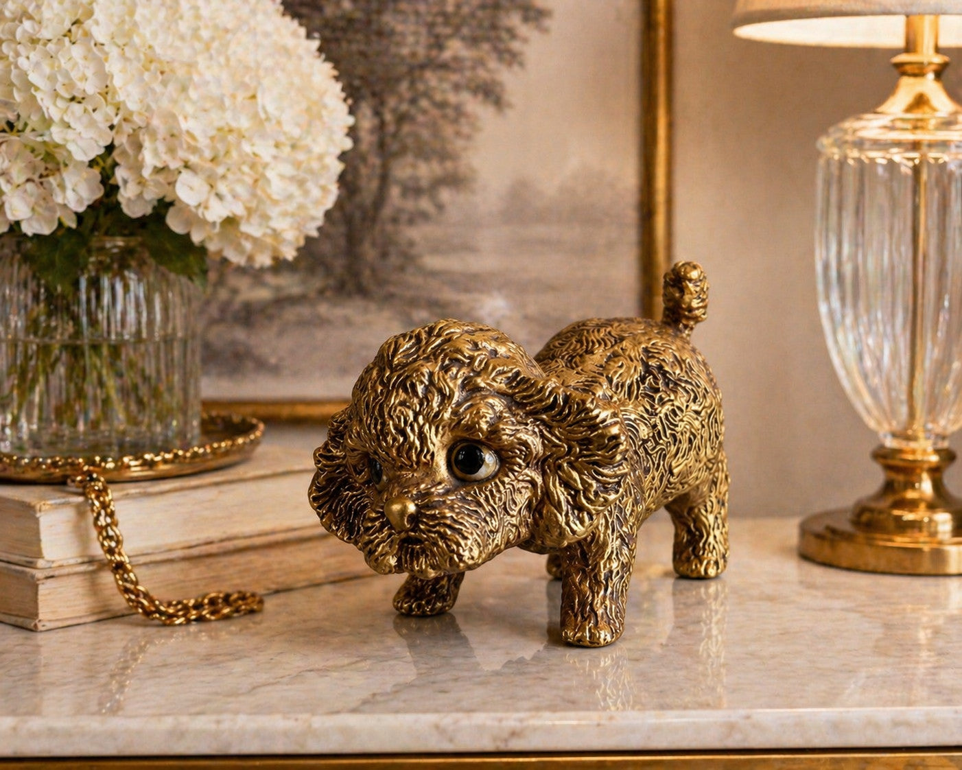 Vintage Hetrick McFarland Gold Leaf Dog Pottery Sculpture Fluffy Puppy Shih Tzu