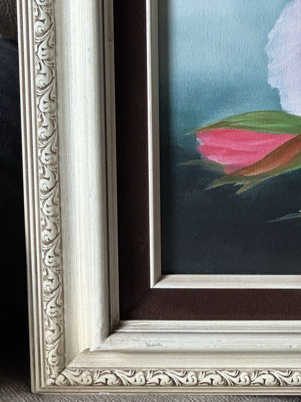 Signed Ornate Original Framed Hibiscus Painting Red Pink Flower Canvas Wall Art