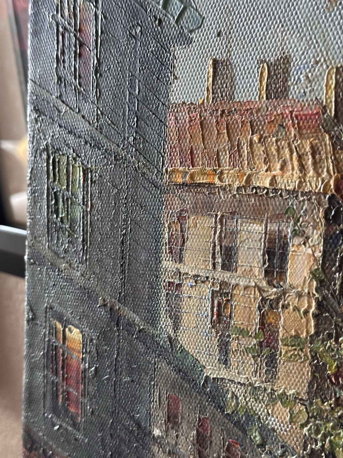 Vintage Canvas Painting Of Paris France Eiffel Tower Buildings People Signed Art