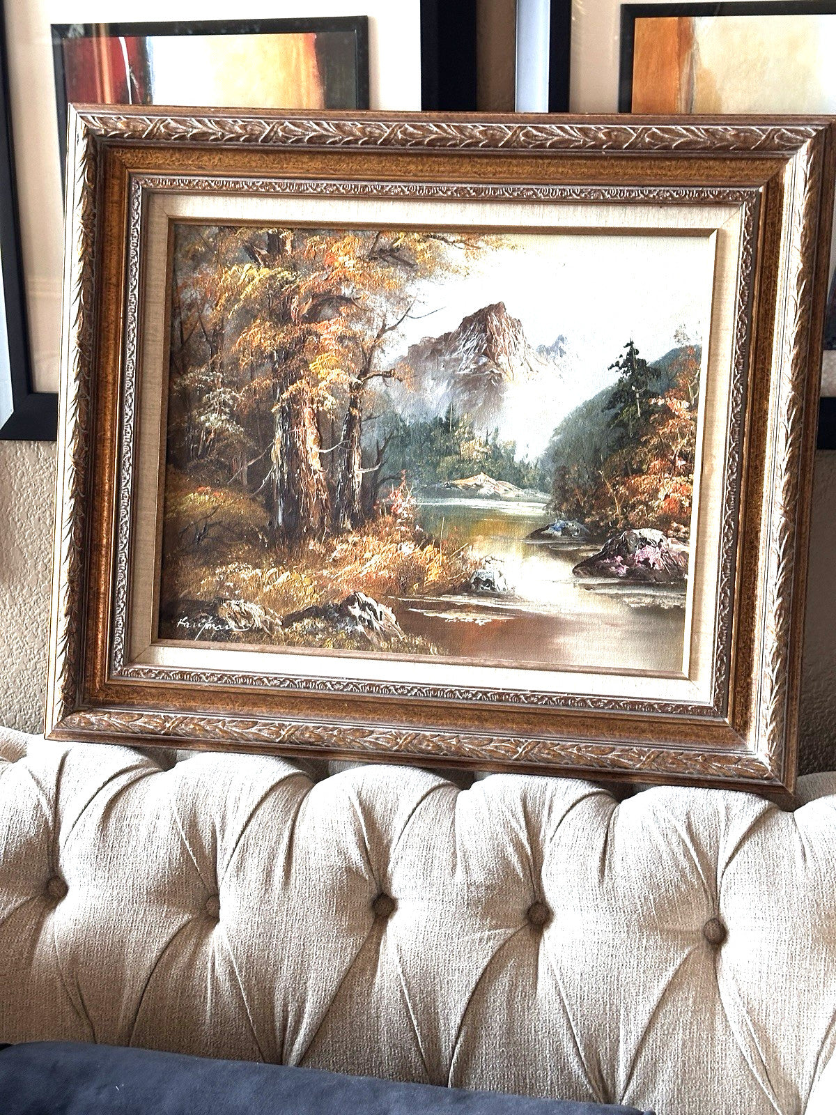 Vintage Signed Gold Gilded Framed Mountain Landscape Trees Art Painting