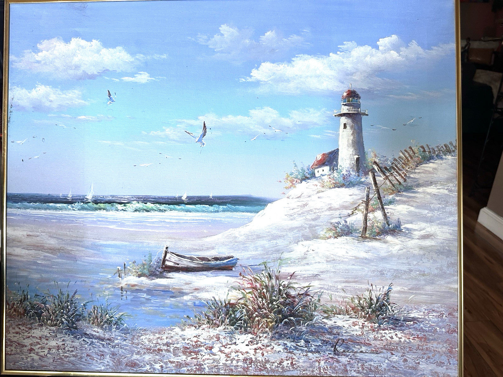 Framed Vintage Art Nautical Beach Landscape Lighthouse Birds Boat Oil Painting