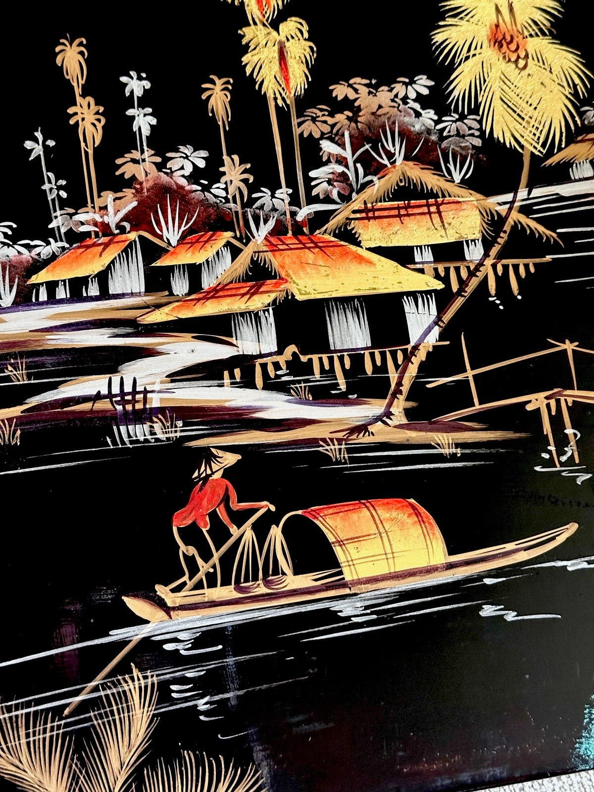 Vintage Asian Vietnamese Wood Black Lacquer Art Painting Village Scene