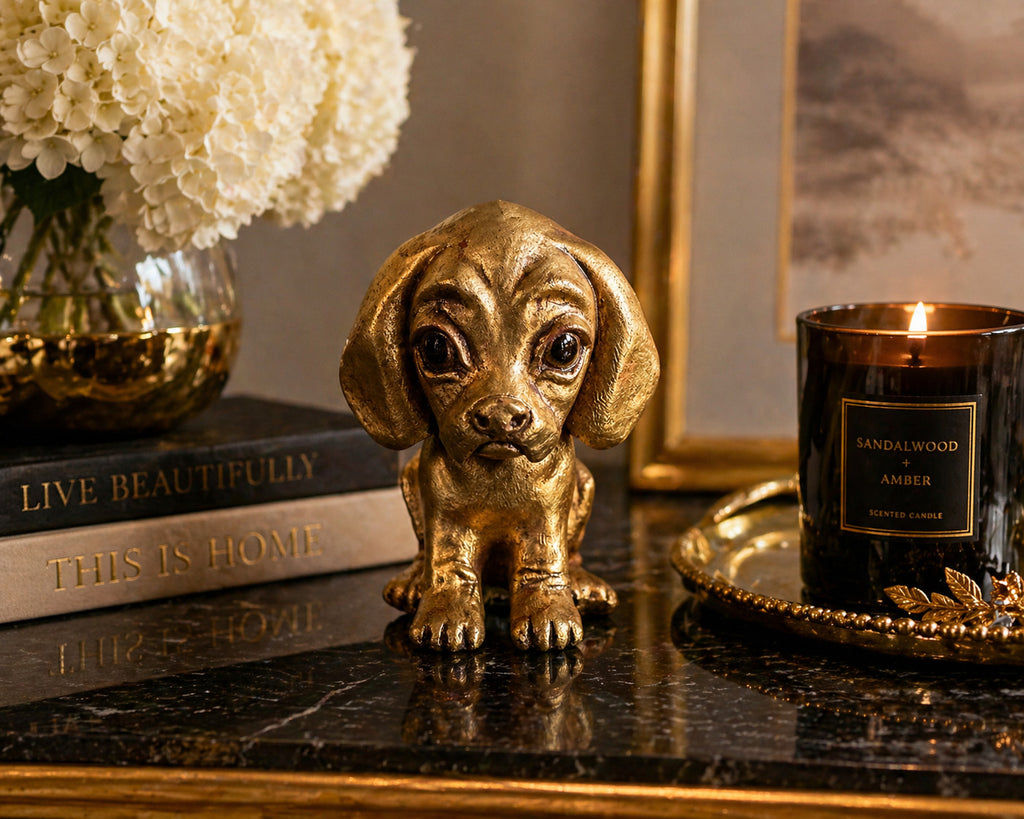 Vintage Hetrick McFarland Signed Dog Figurine Gold Puppy Sculpture
