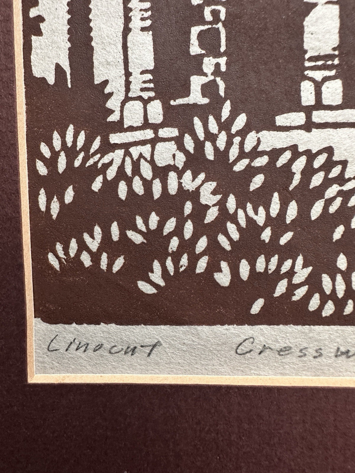 Vintage Linocut Art Pint Victorian Cresswell House Signed T Scarborough