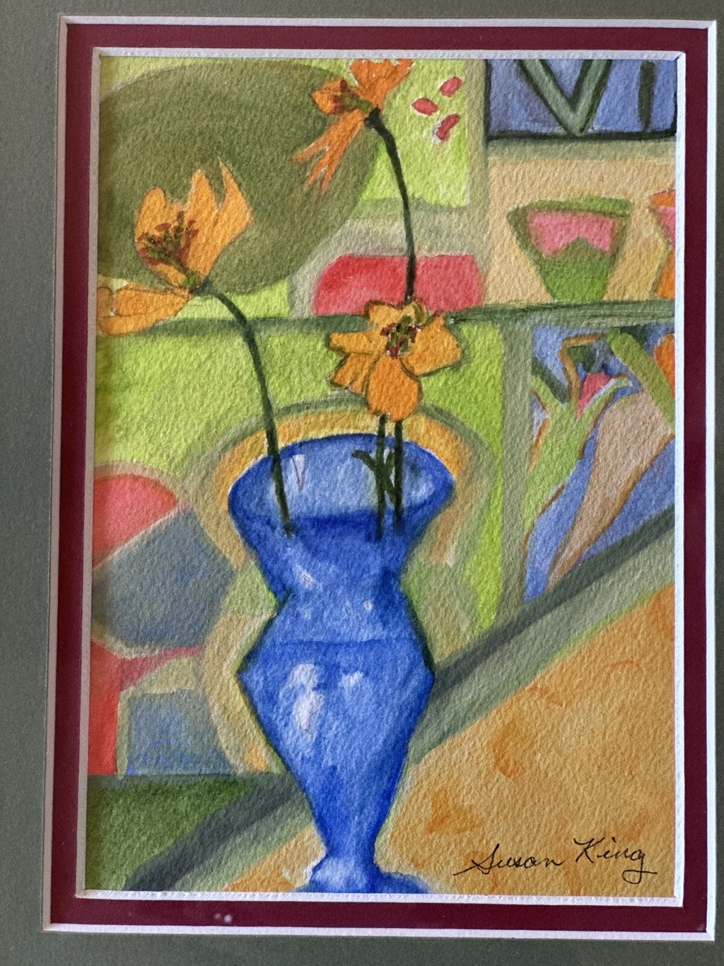 Red Framed Colorful Abtract Flower Blue Vase Art Drawing Signed Sketch By Susan King
