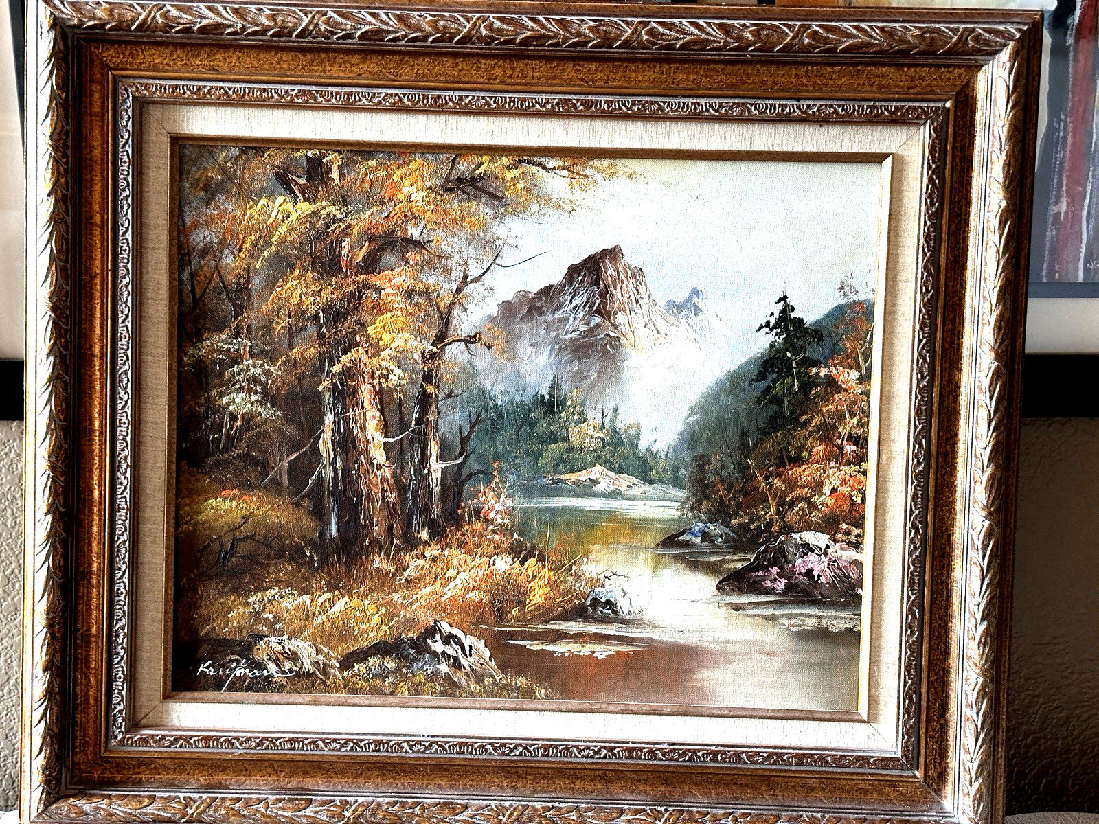 Vintage Signed Gold Gilded Framed Mountain Landscape Trees Art Painting