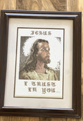 Vintage Wood Framed Finished Completed Jesus Christ Cross Stitch Needlepoint Art
