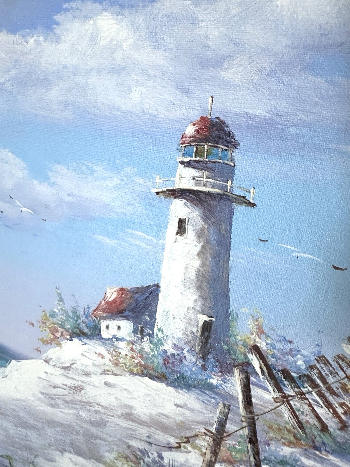 Framed Vintage Art Nautical Beach Landscape Lighthouse Birds Boat Oil Painting