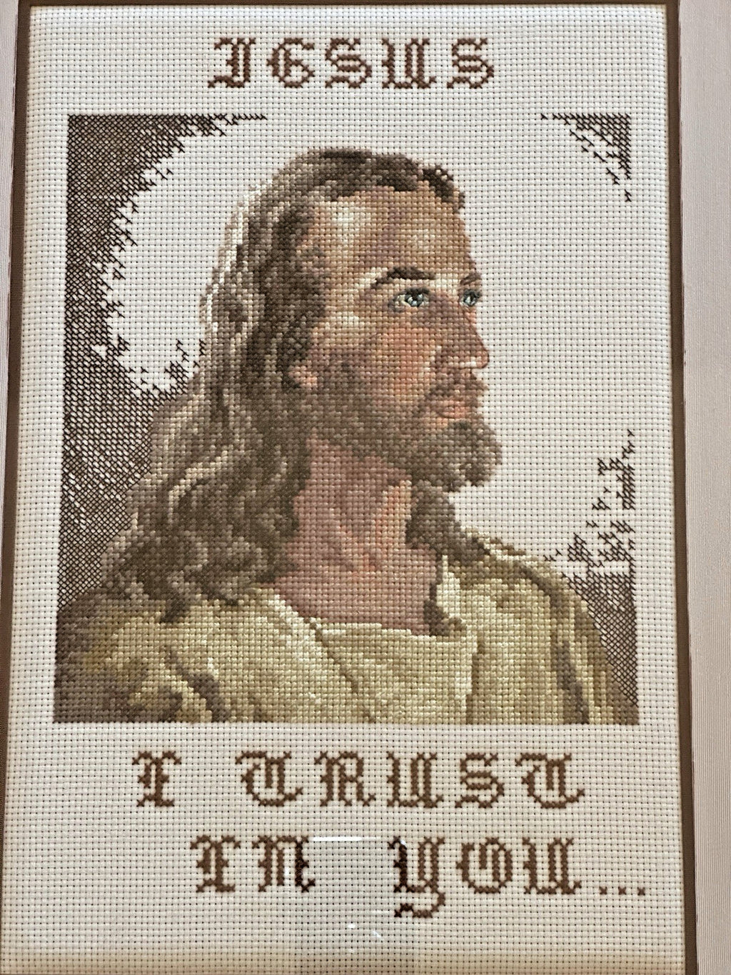 Vintage Wood Framed Finished Completed Jesus Christ Cross Stitch Needlepoint Art