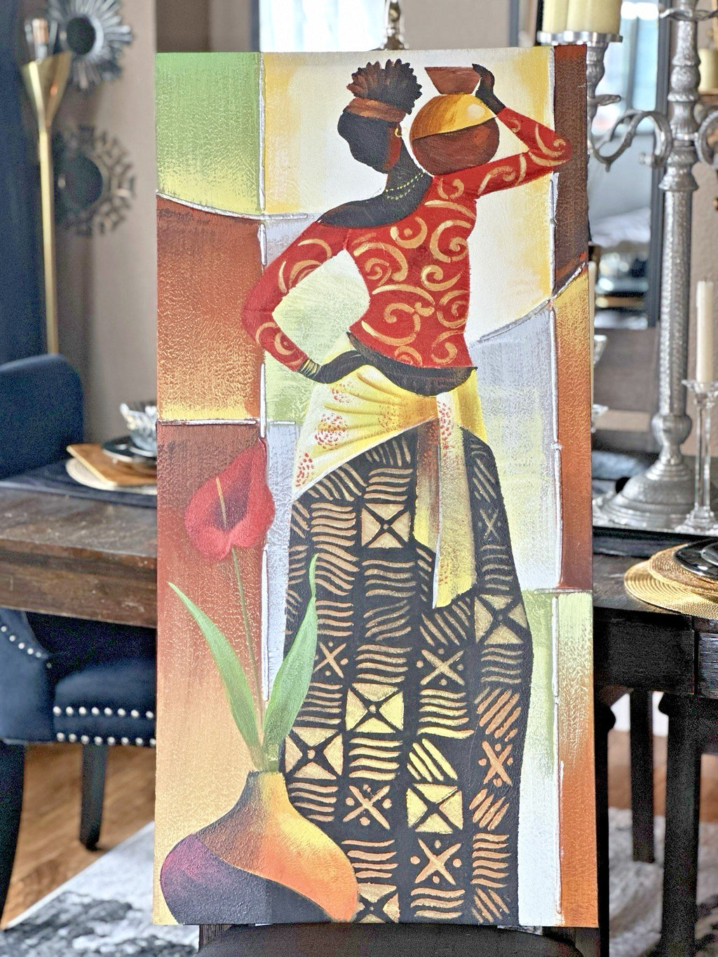 Original Colorful Oil Painting Of African Woman Holding A Water Jug Canvas Art