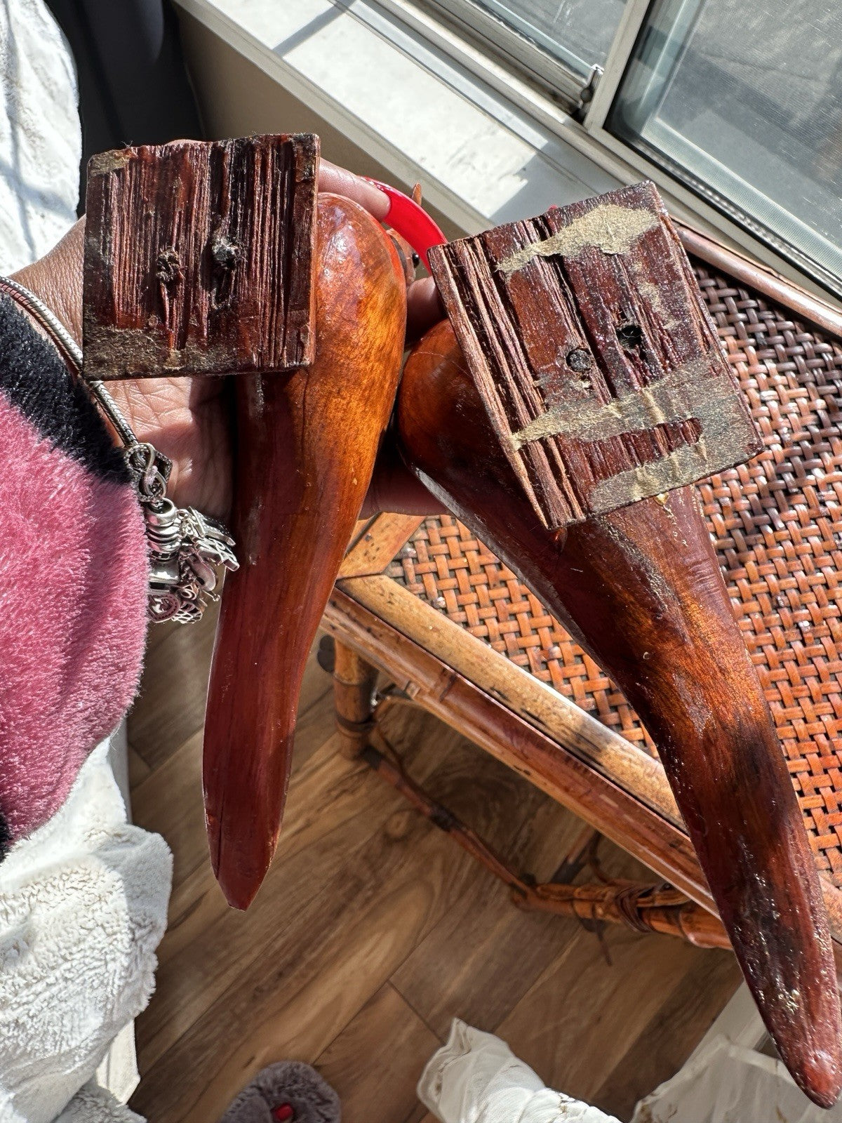 Pair Brown MCM Hand Carved Wooden Sea Shore Wading Bird Sculpture Nautical Beach