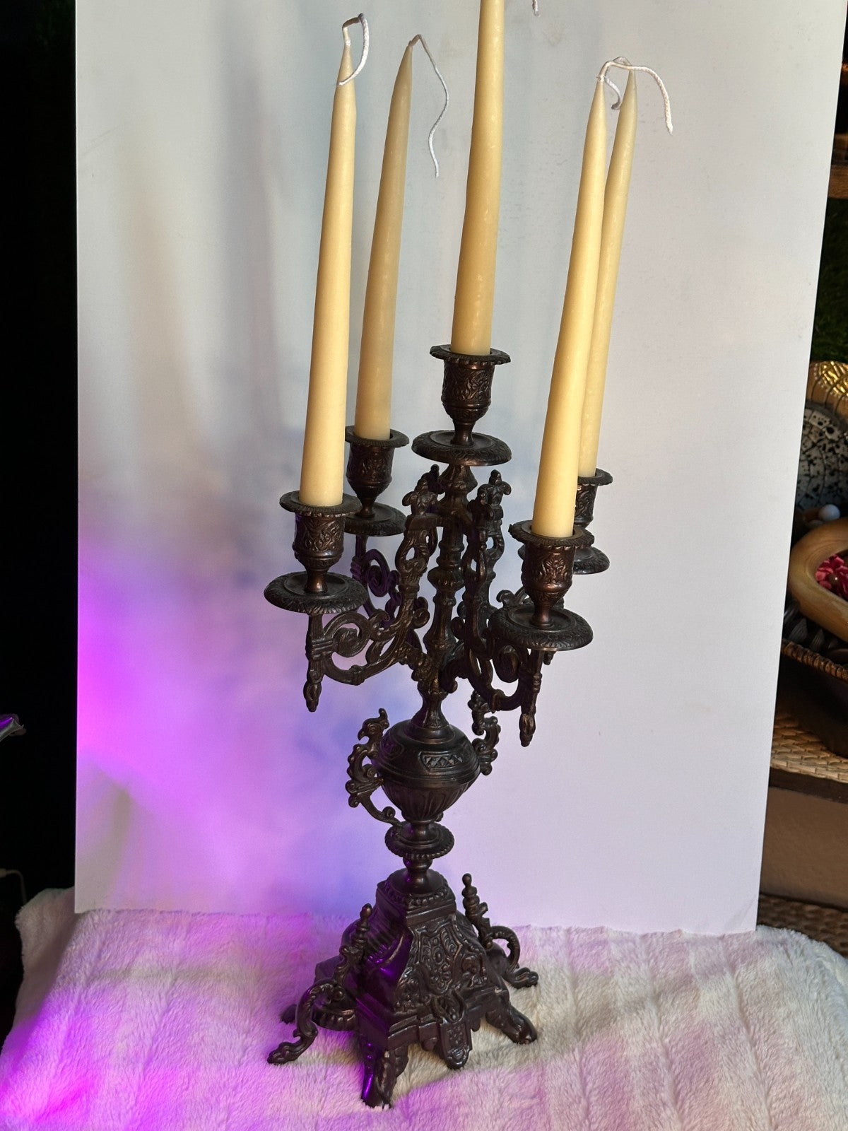 Vintage Ornate Heavy Italian Baroque Brass 5 Branch Candle Candelabra Holder