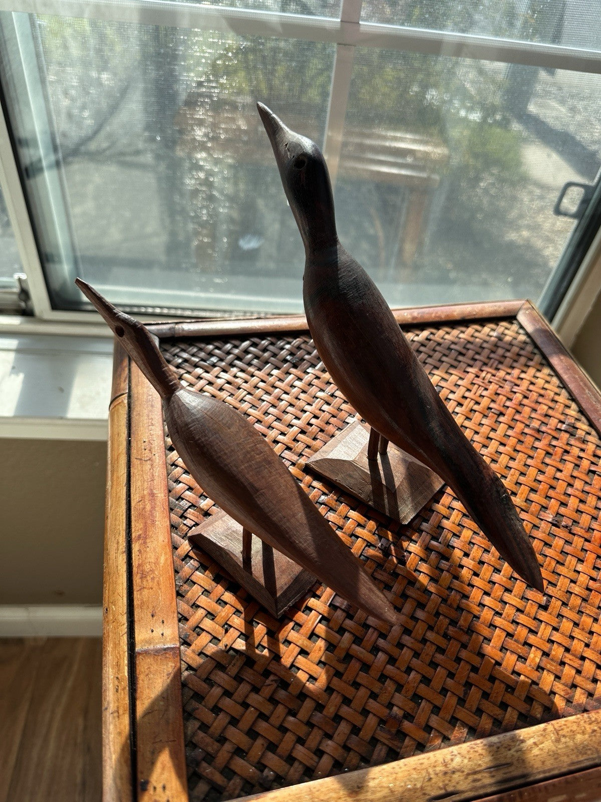 Pair Teak MCM Hand Carved Wooden Sea Shore Wading Bird Sculpture Nautical