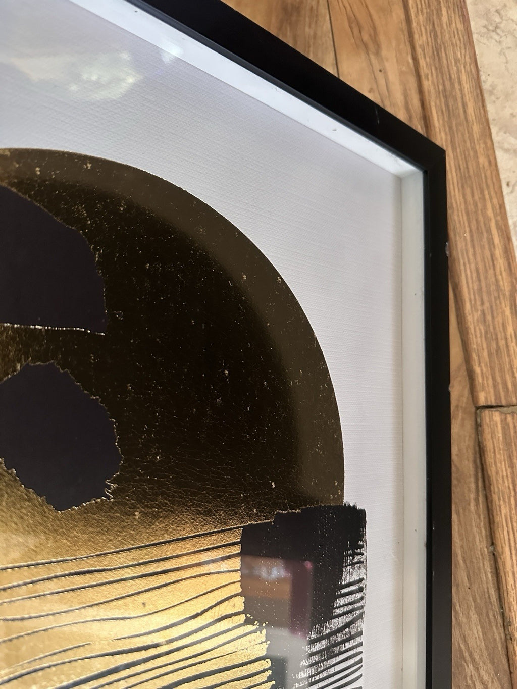 Framed Abstract Art Print Picture Gold Circle Black White Accents