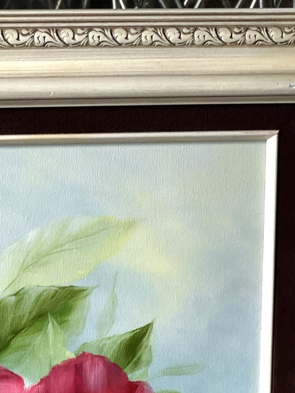 Signed Ornate Original Framed Hibiscus Painting Red Pink Flower Canvas Wall Art