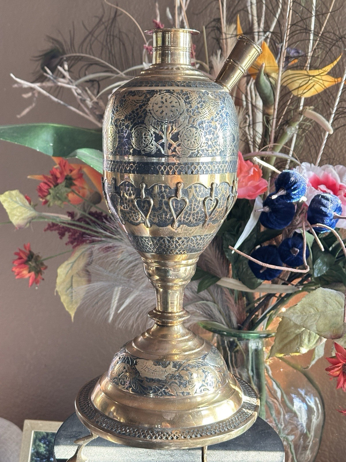 Vintage Intricate India Brass Urn Shape Engraved Inlay Fish Hookah Base Pot Vase