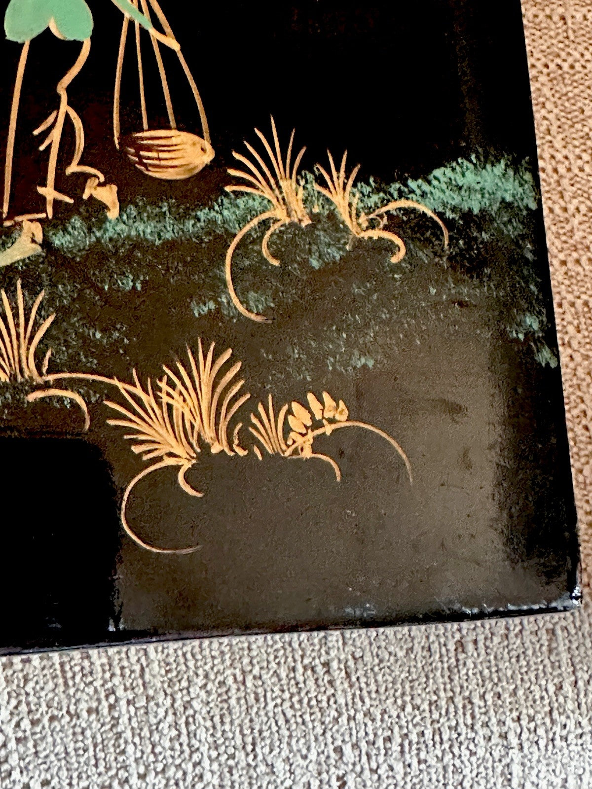 Vintage Asian Vietnamese Wood Black Lacquer Art Painting Village Scene