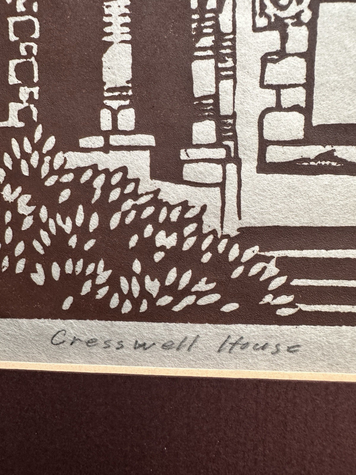 Vintage Linocut Art Pint Victorian Cresswell House Signed T Scarborough