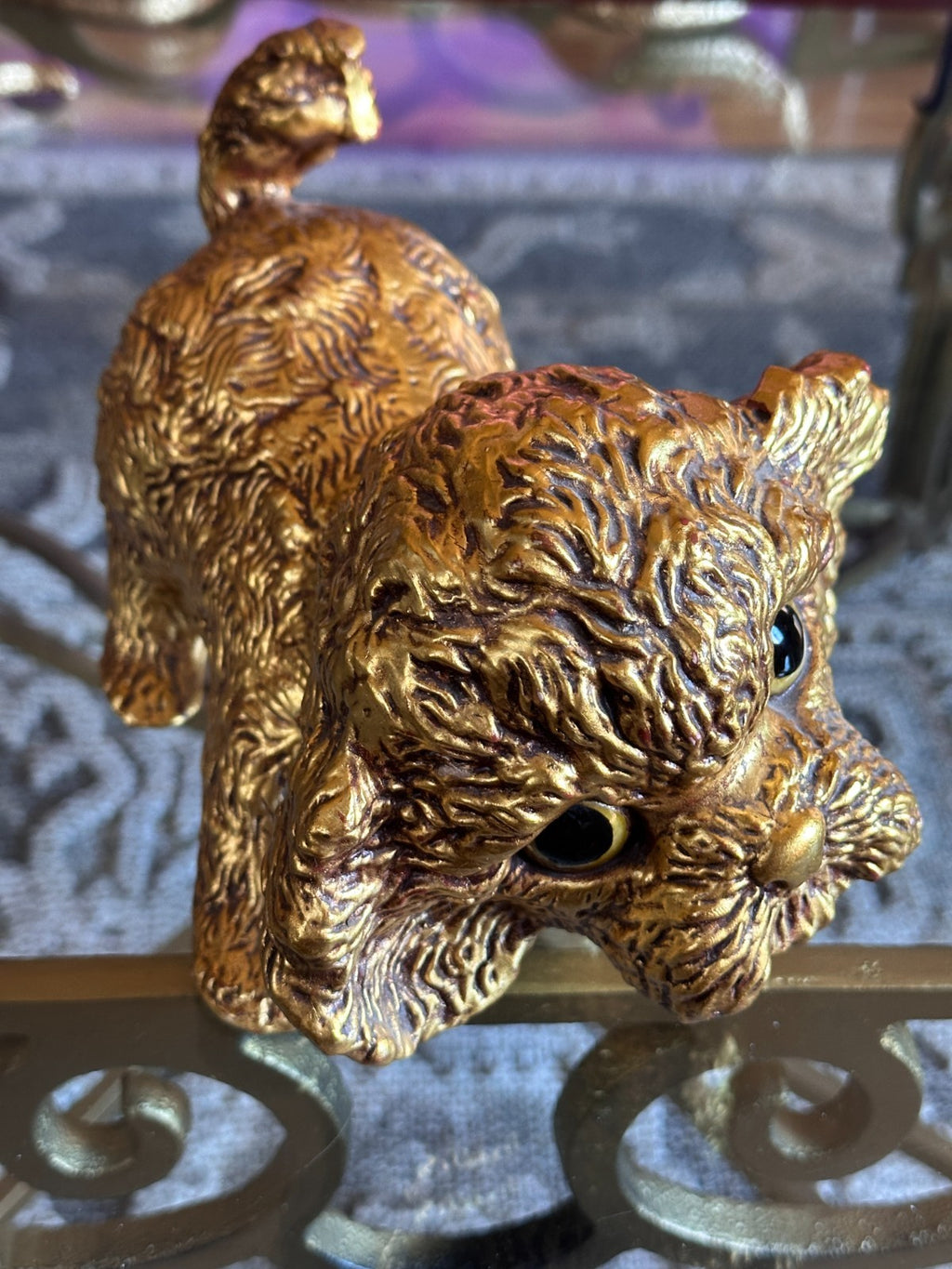 Vintage Hetrick McFarland Gold Leaf Dog Pottery Sculpture Fluffy Puppy Shih Tzu