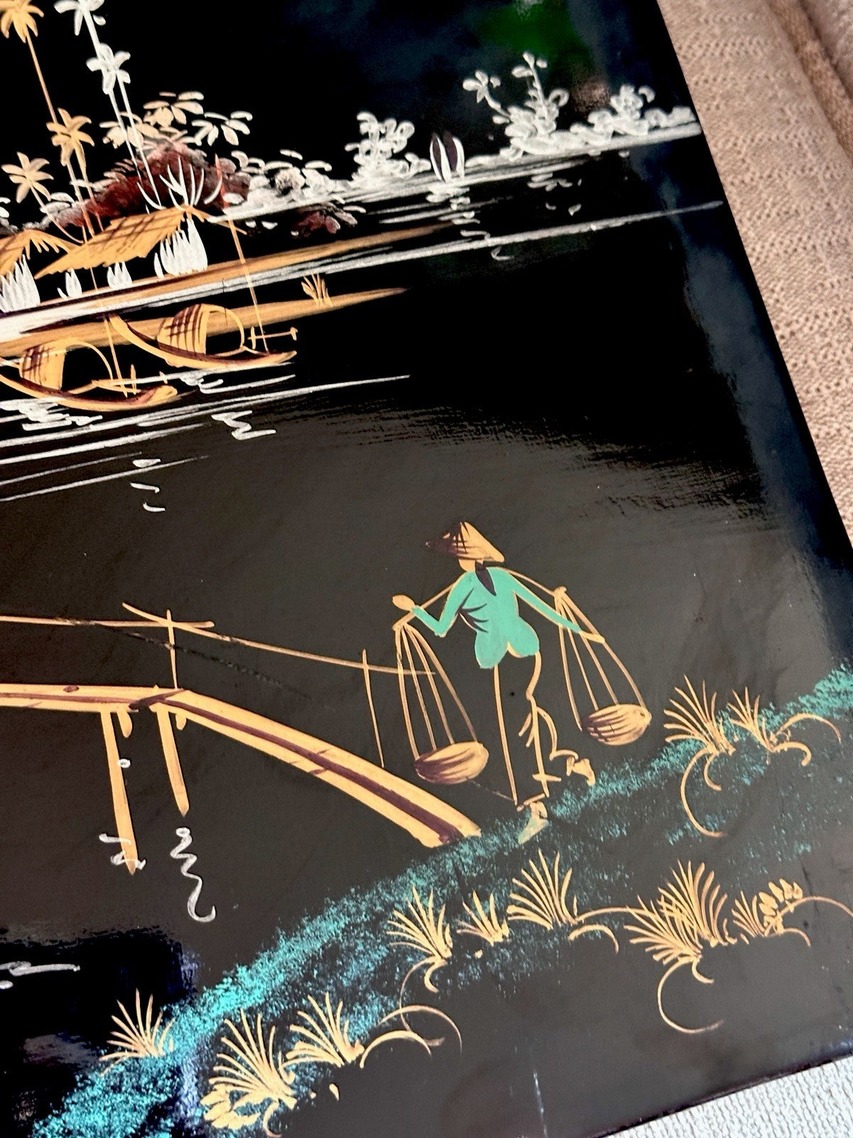 Vintage Asian Vietnamese Wood Black Lacquer Art Painting Village Scene