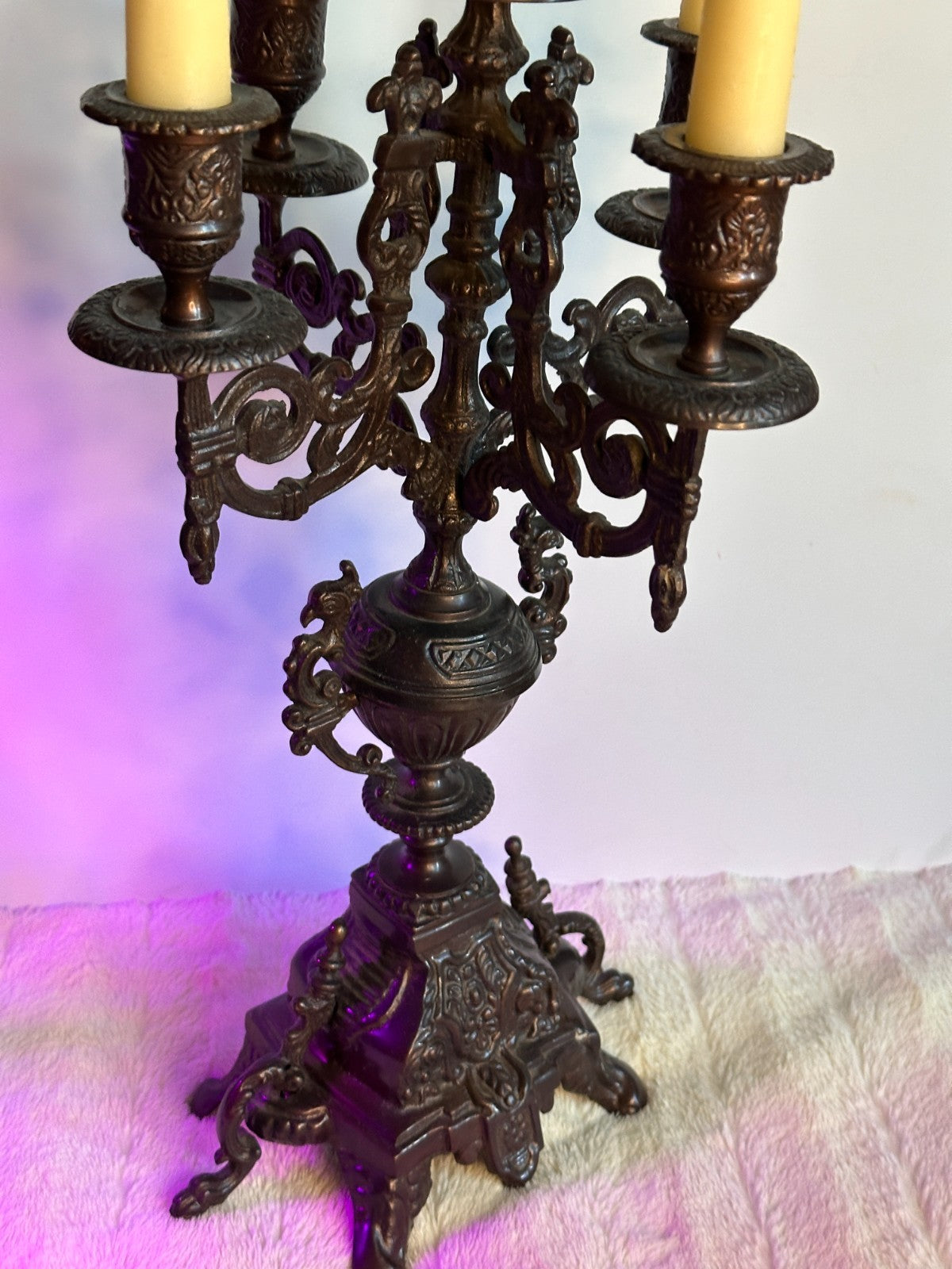 Vintage Ornate Heavy Italian Baroque Brass 5 Branch Candle Candelabra Holder