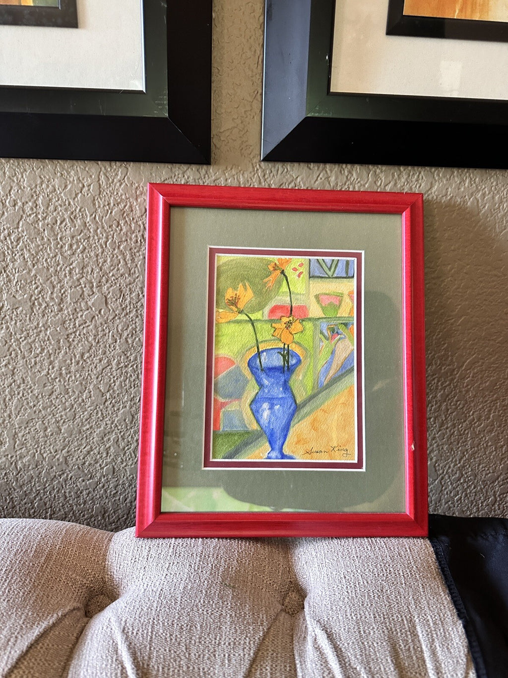 Red Framed Colorful Abtract Flower Blue Vase Art Drawing Signed Sketch By Susan King