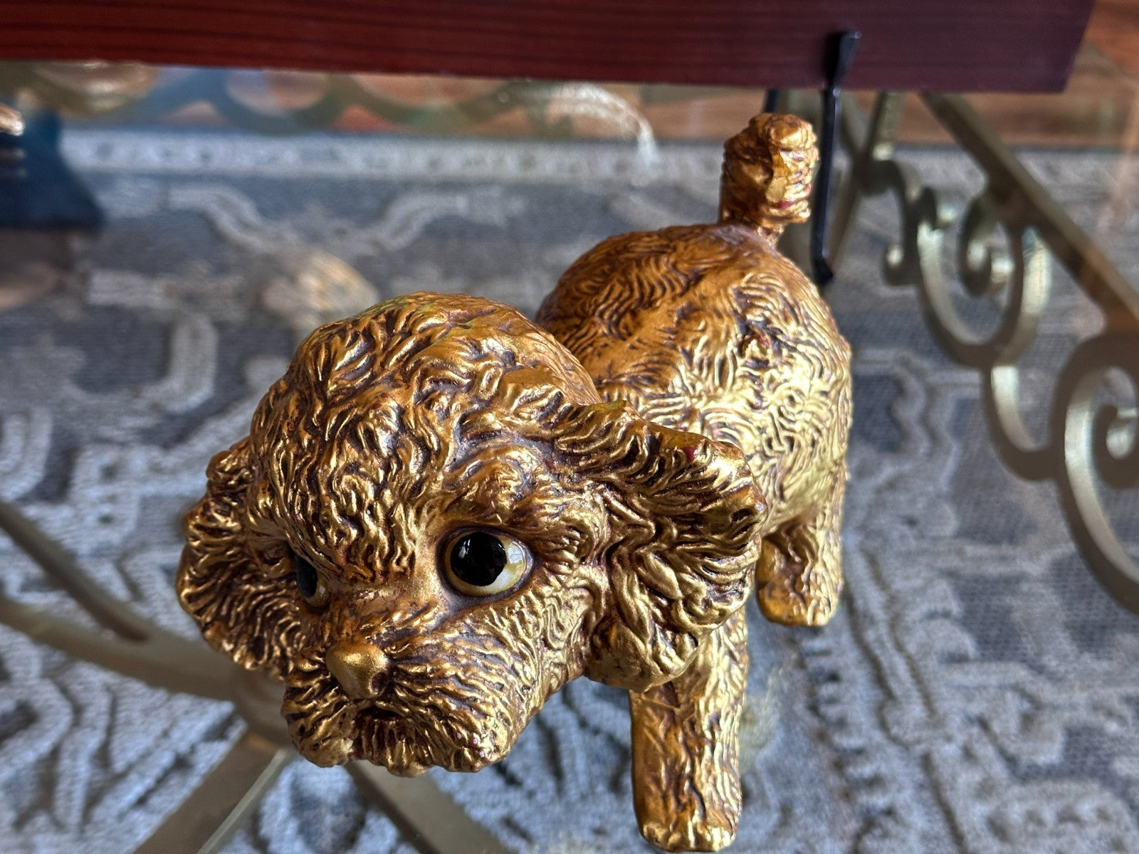 Vintage Hetrick McFarland Gold Leaf Dog Pottery Sculpture Fluffy Puppy Shih Tzu