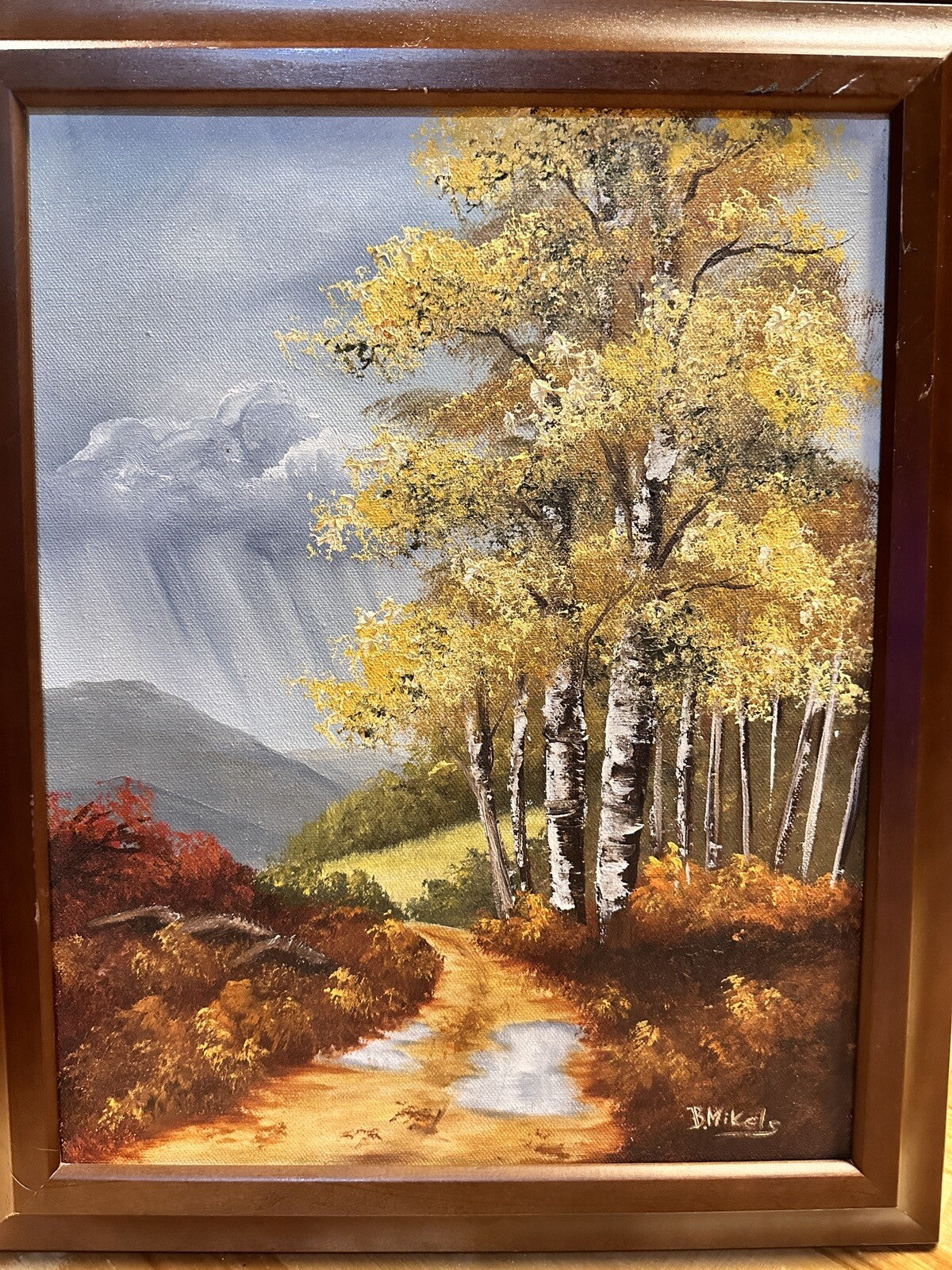 Original Signed B Mikels Wood Framed Fall Scenery Birch Trees Art Painting