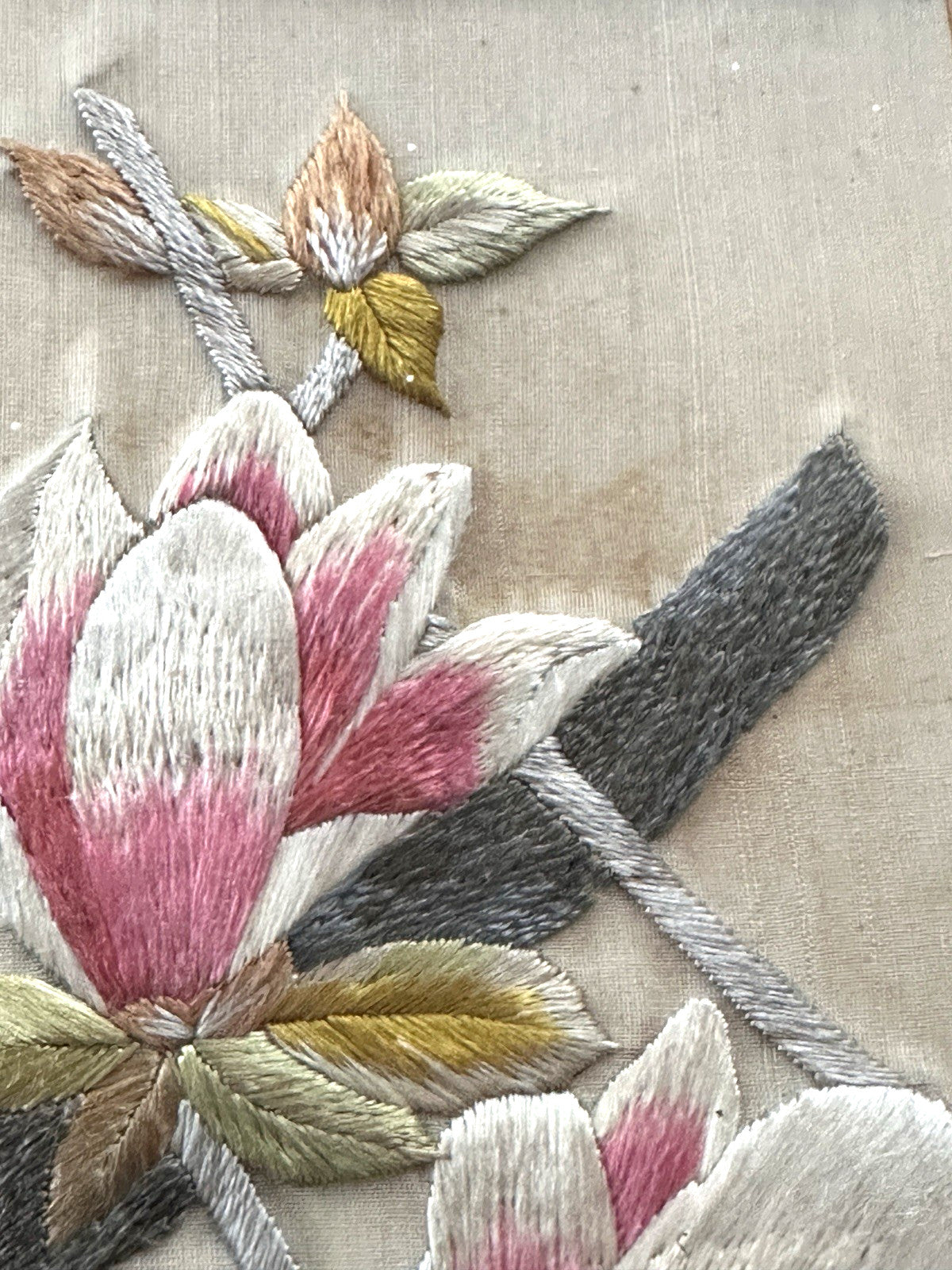 Vintage Framed Silk Textile Embroidery Parrot Bird Pink Flowers Art