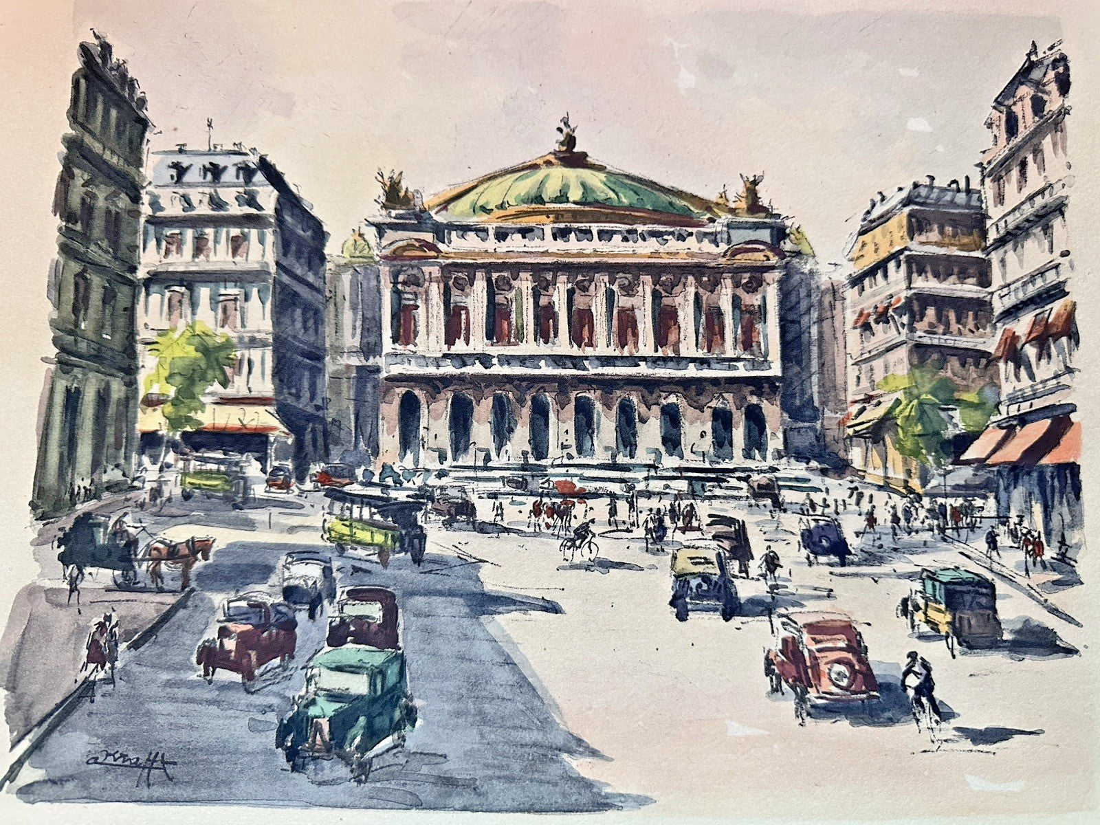 VTG Signed French Framed Litho Watercolor Art Print Paris Palais Opera Garnier