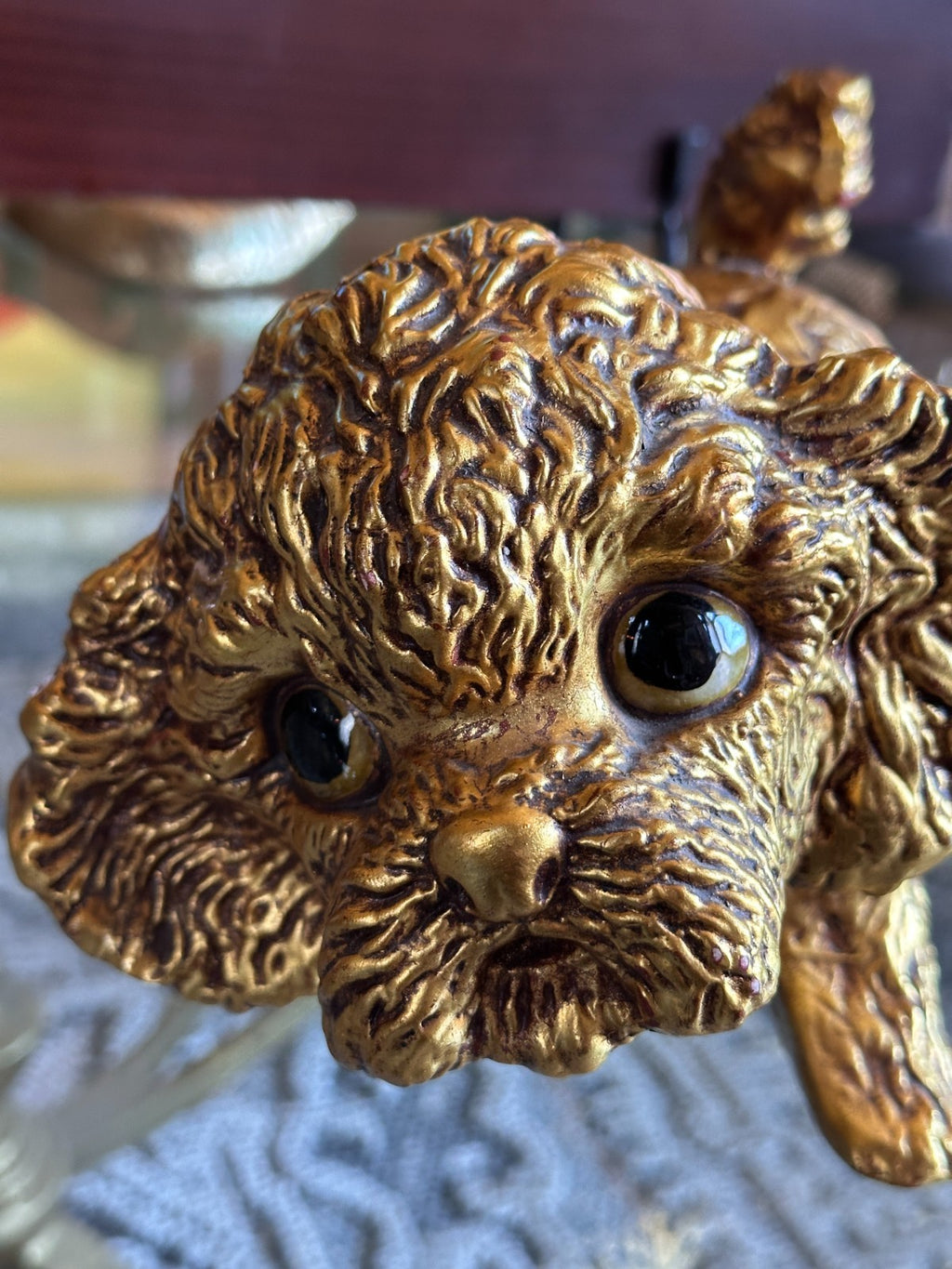 Vintage Hetrick McFarland Gold Leaf Dog Pottery Sculpture Fluffy Puppy Shih Tzu