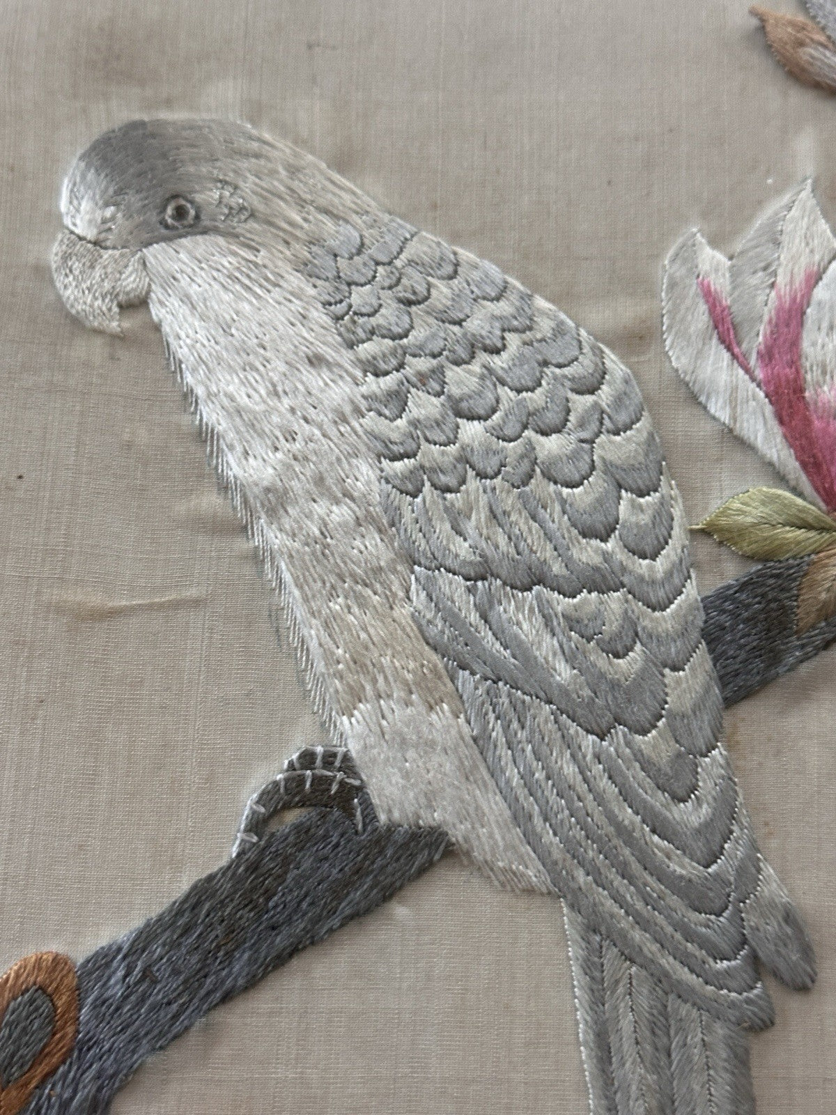 Vintage Framed Silk Textile Embroidery Parrot Bird Pink Flowers Art