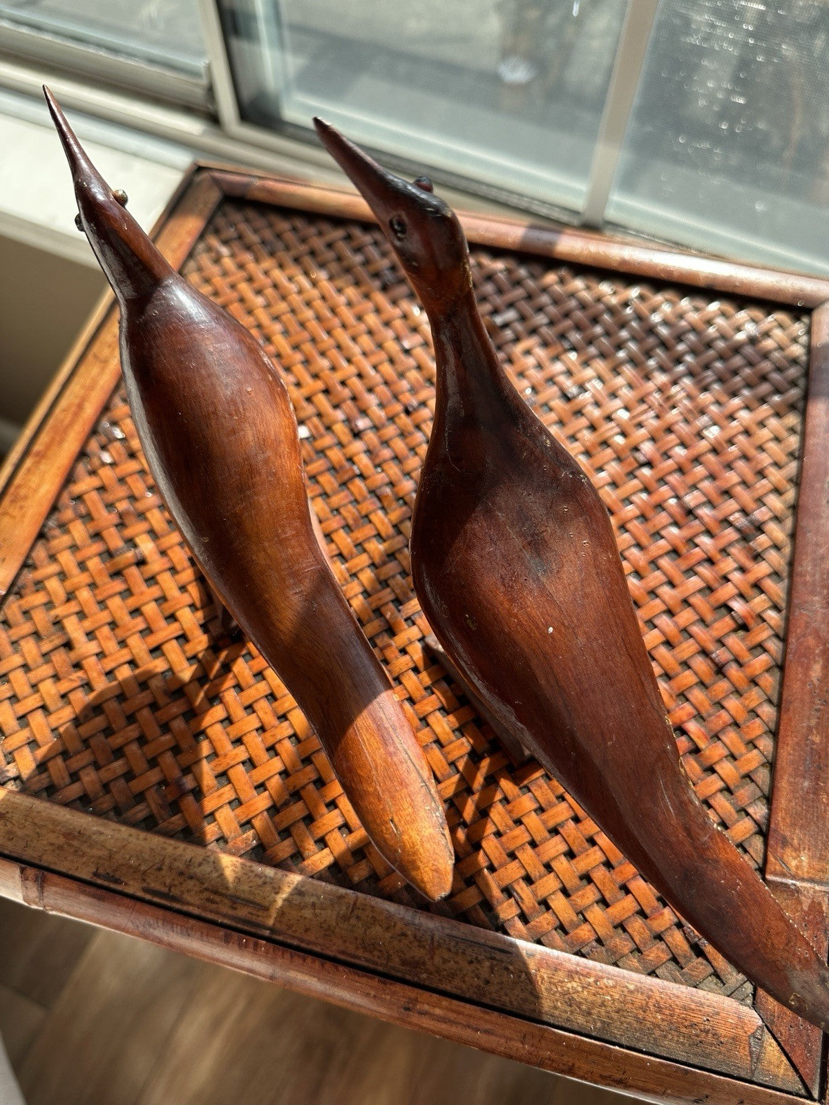Pair Brown MCM Hand Carved Wooden Sea Shore Wading Bird Sculpture Nautical Beach