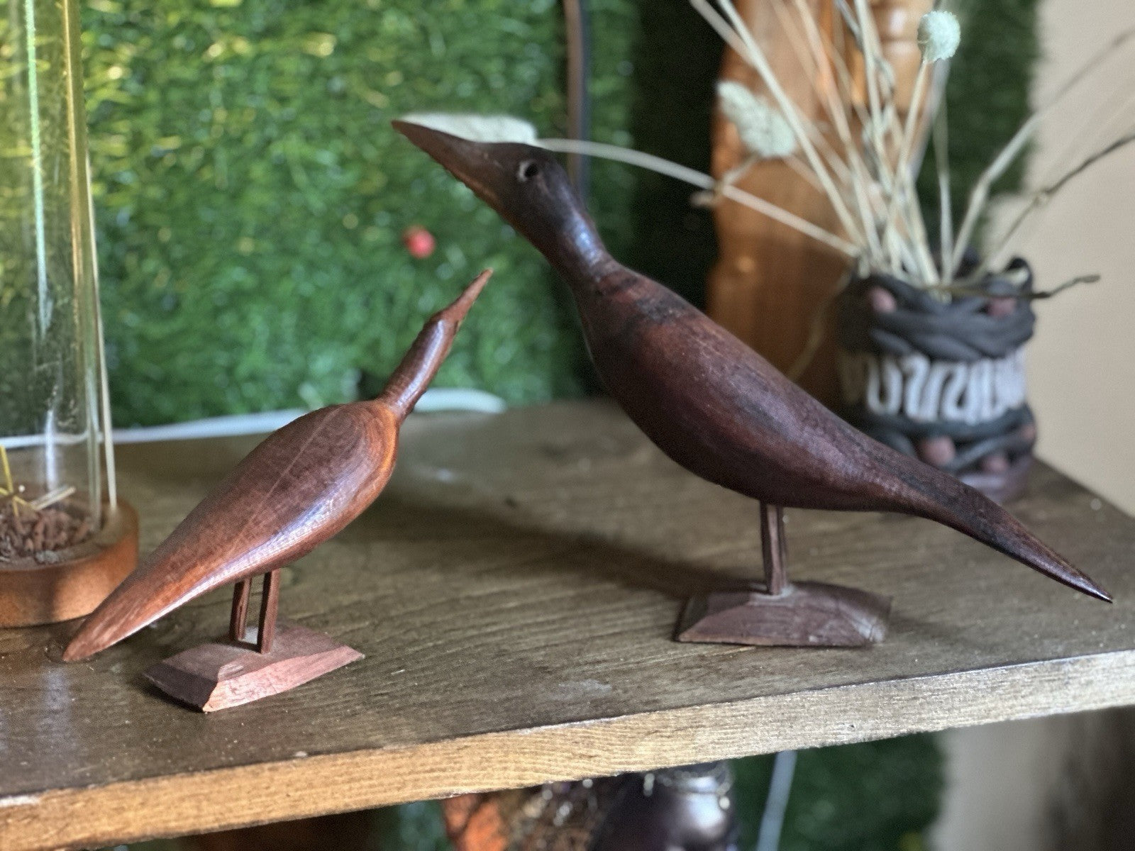 Pair Teak MCM Hand Carved Wooden Sea Shore Wading Bird Sculpture Nautical