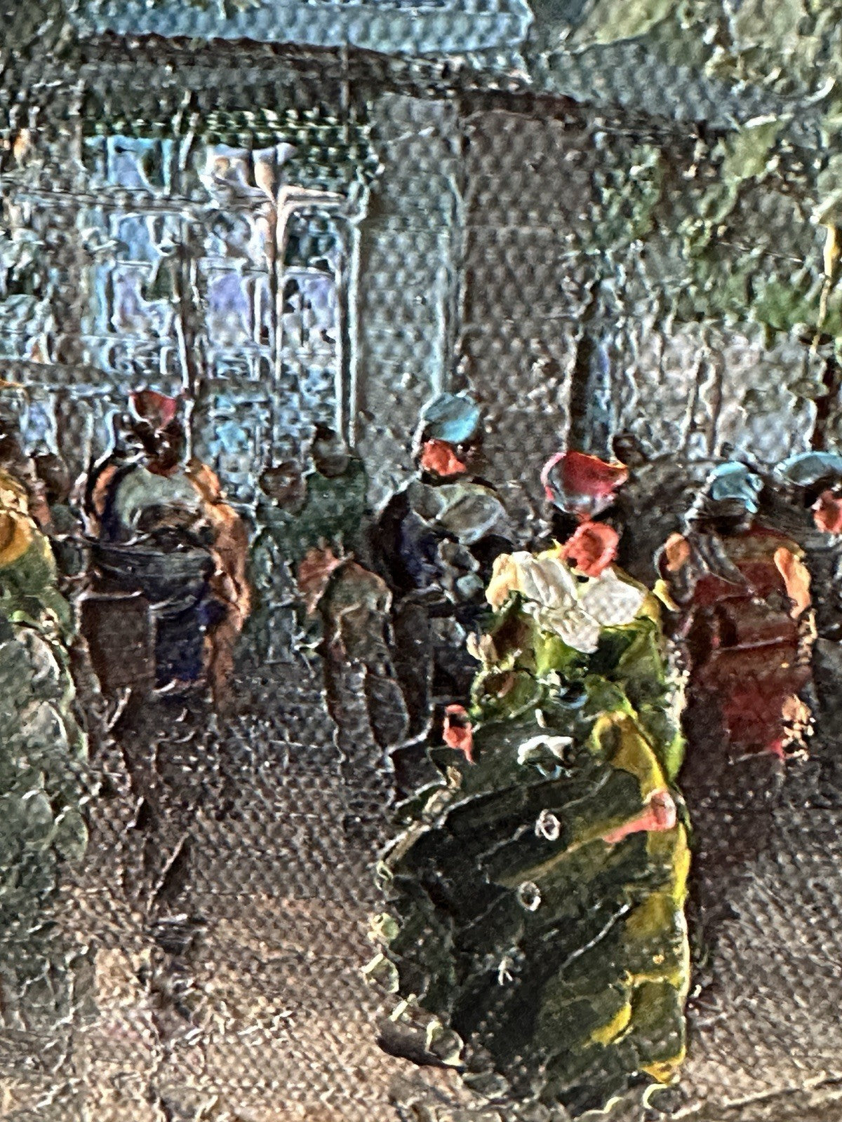 Vintage Canvas Painting Of Paris France Eiffel Tower Buildings People Signed Art