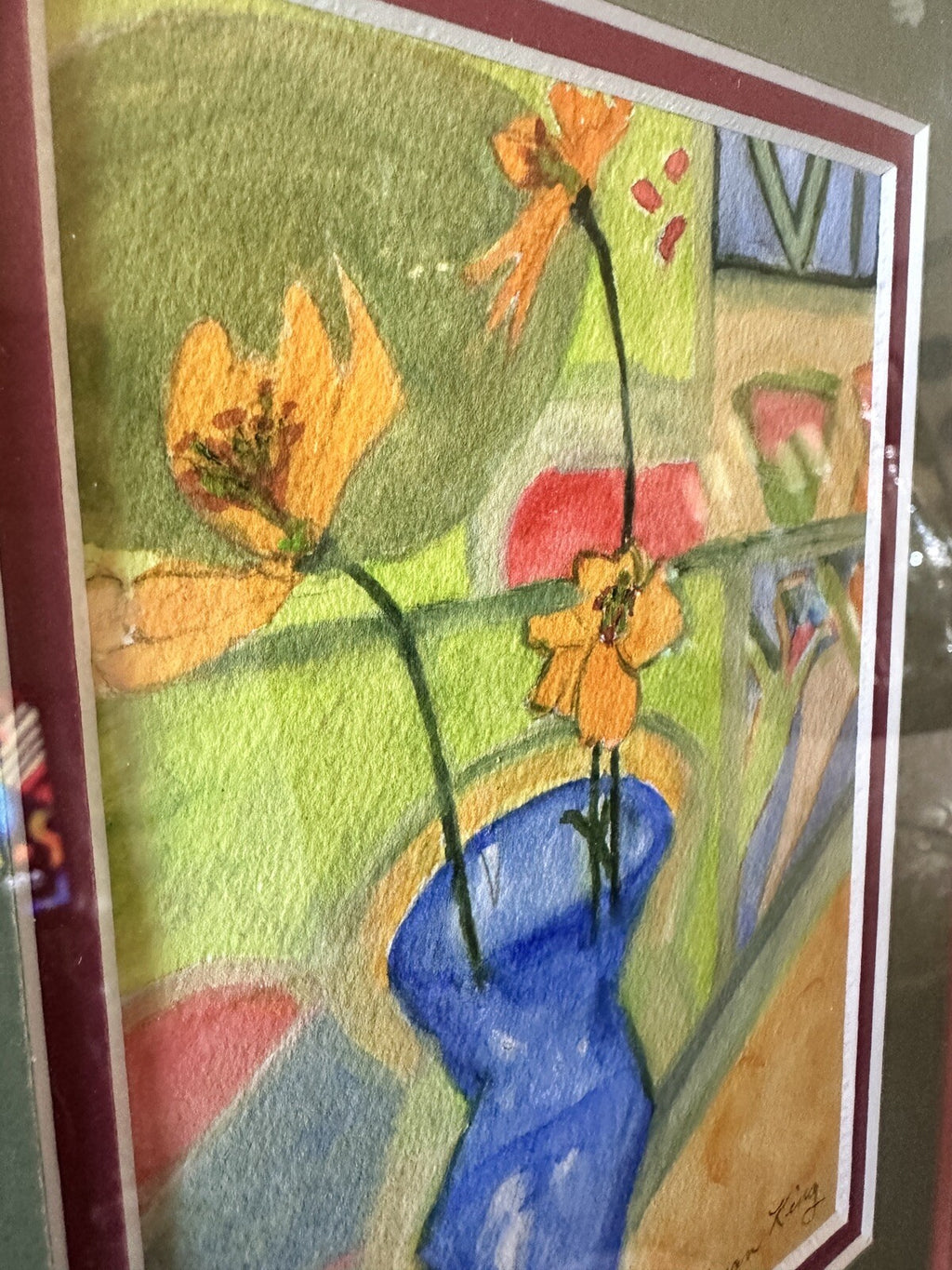 Red Framed Colorful Abtract Flower Blue Vase Art Drawing Signed Sketch By Susan King