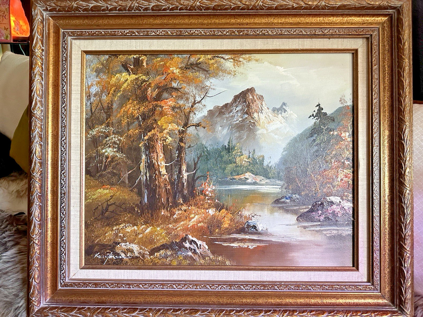 Vintage Signed Gold Gilded Framed Mountain Landscape Trees Art Painting