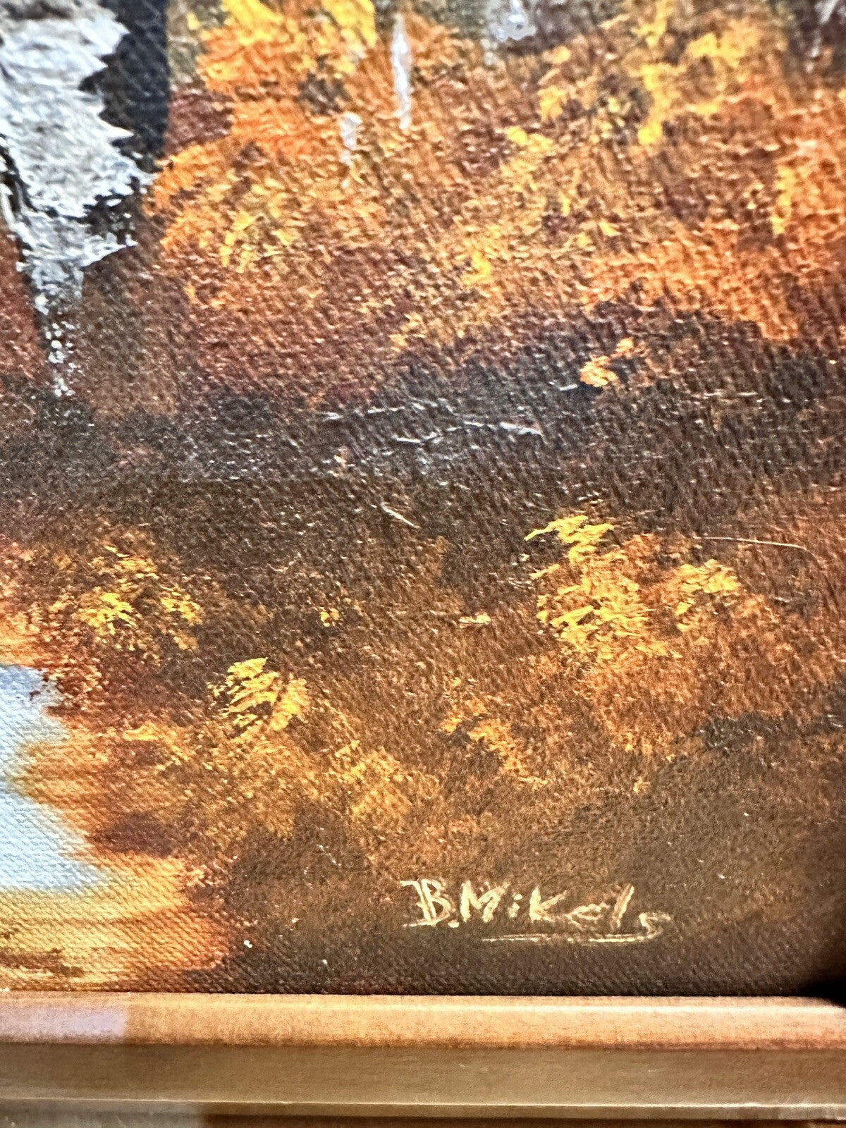 Original Signed B Mikels Wood Framed Fall Scenery Birch Trees Art Painting