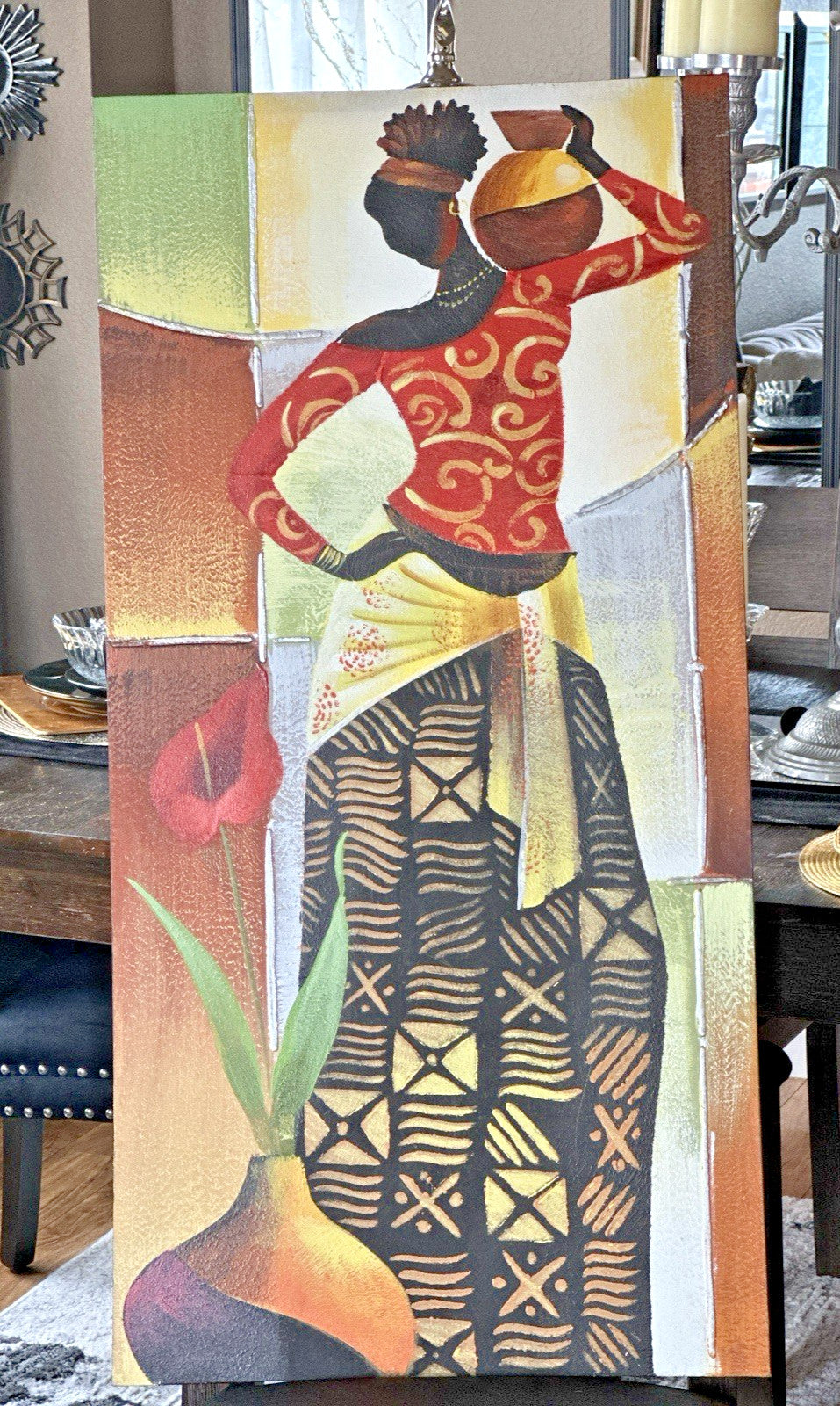 Original Colorful Oil Painting Of African Woman Holding A Water Jug Canvas Art