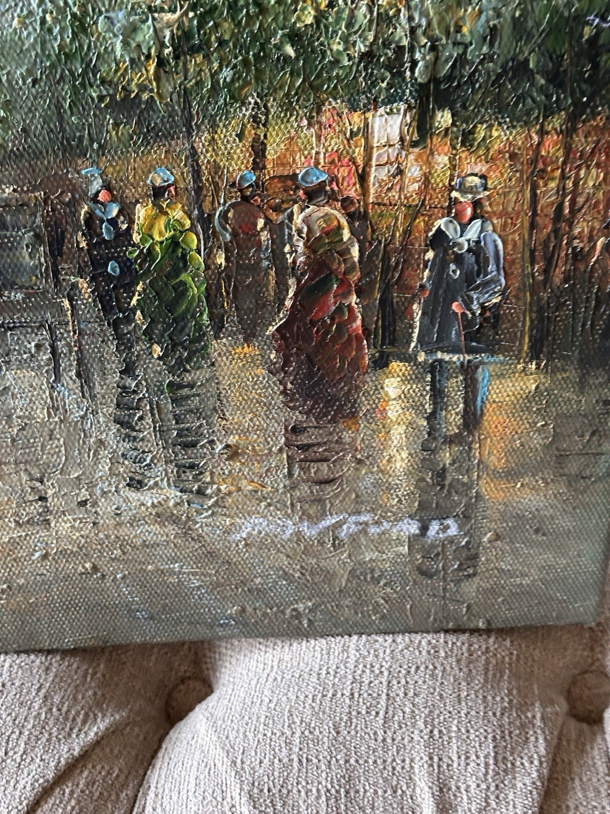 Vintage Canvas Painting Of Paris France Eiffel Tower Buildings People Signed Art