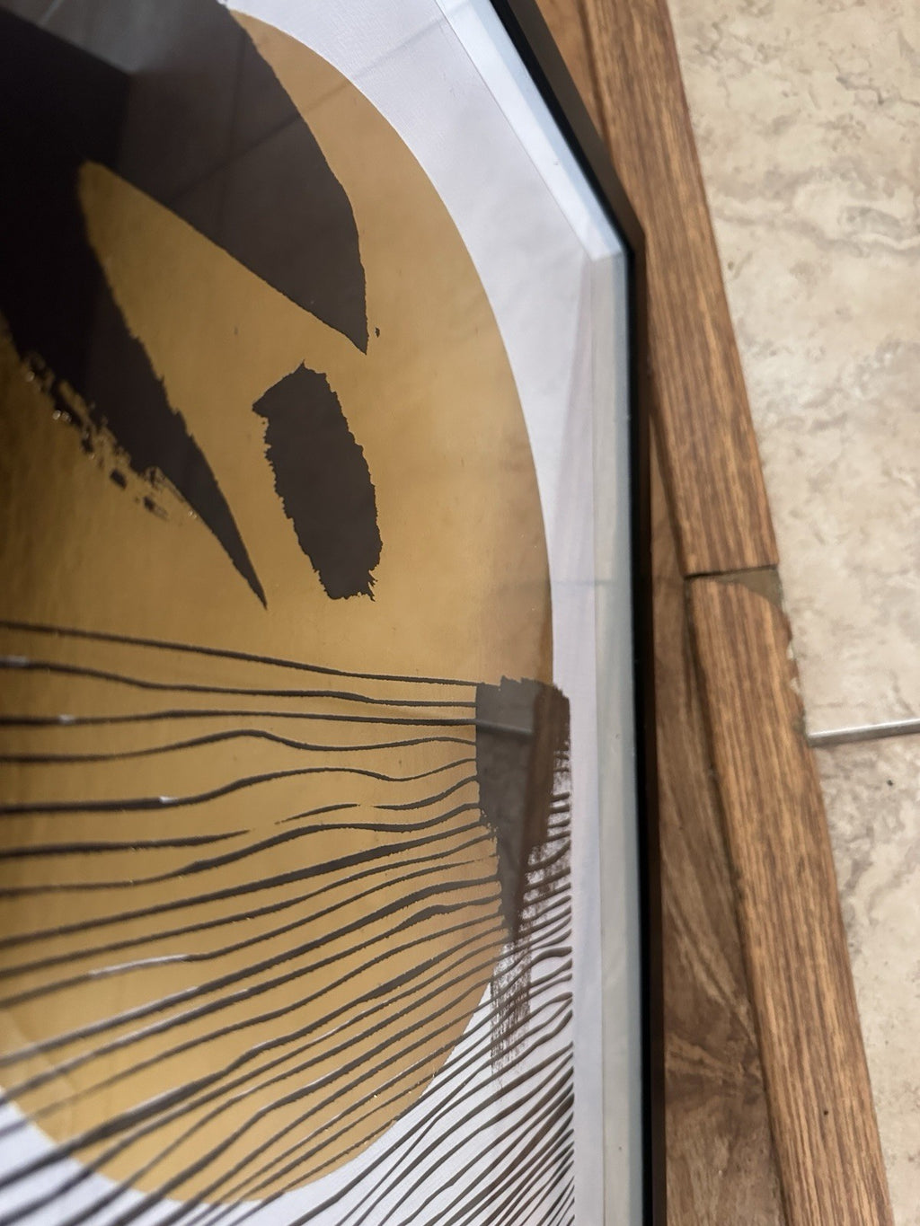 Framed Abstract Art Print Picture Gold Circle Black White Accents