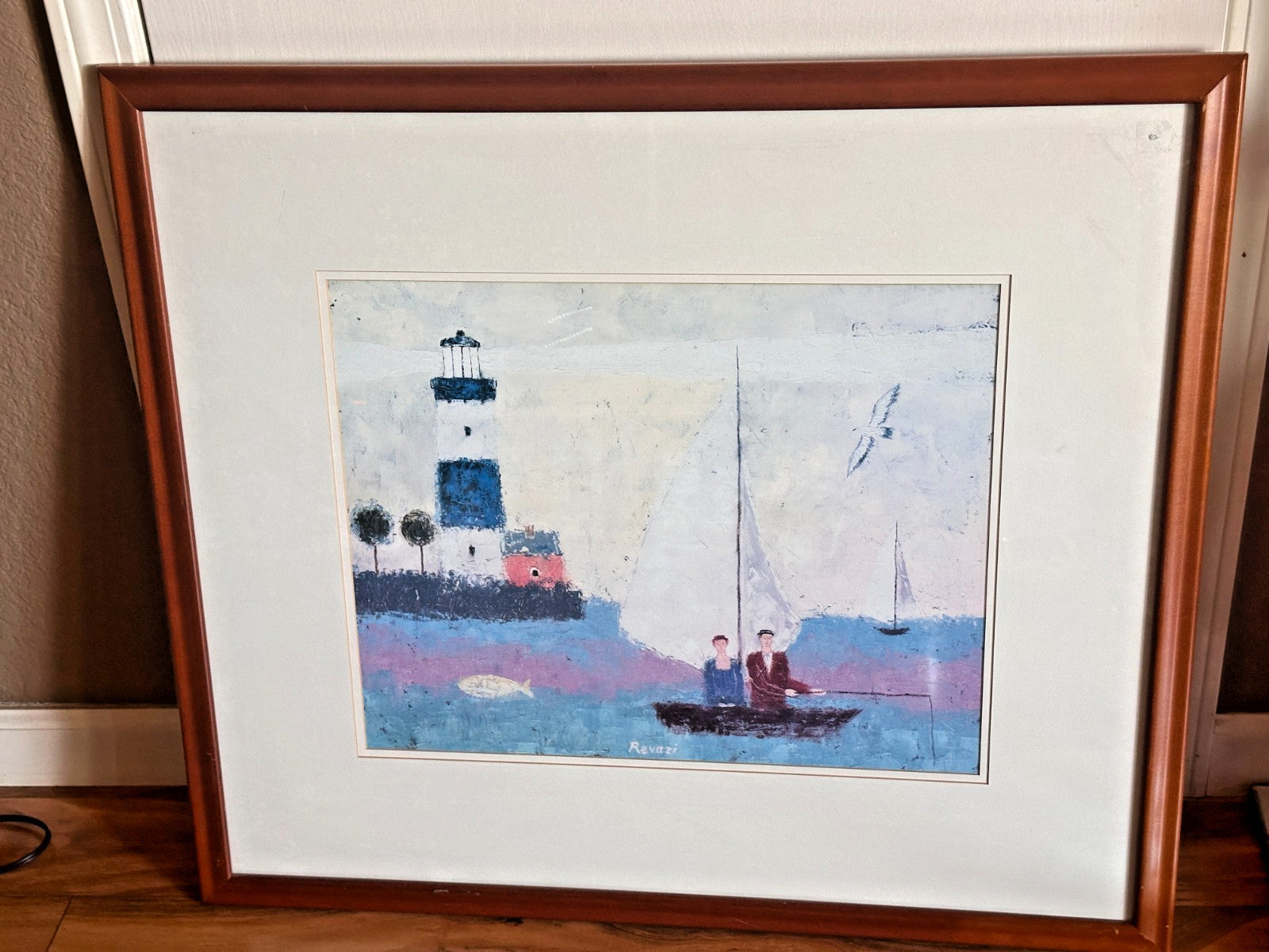 Large Wood Framed Gia Revazi Signed Art Print Called Fishing 31x27