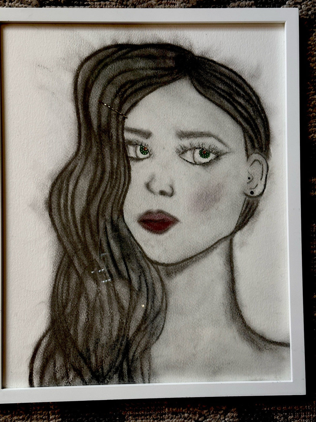 Framed Charcoal Pencil Sketch Drawing  Female Embellished Eyes Art Picture