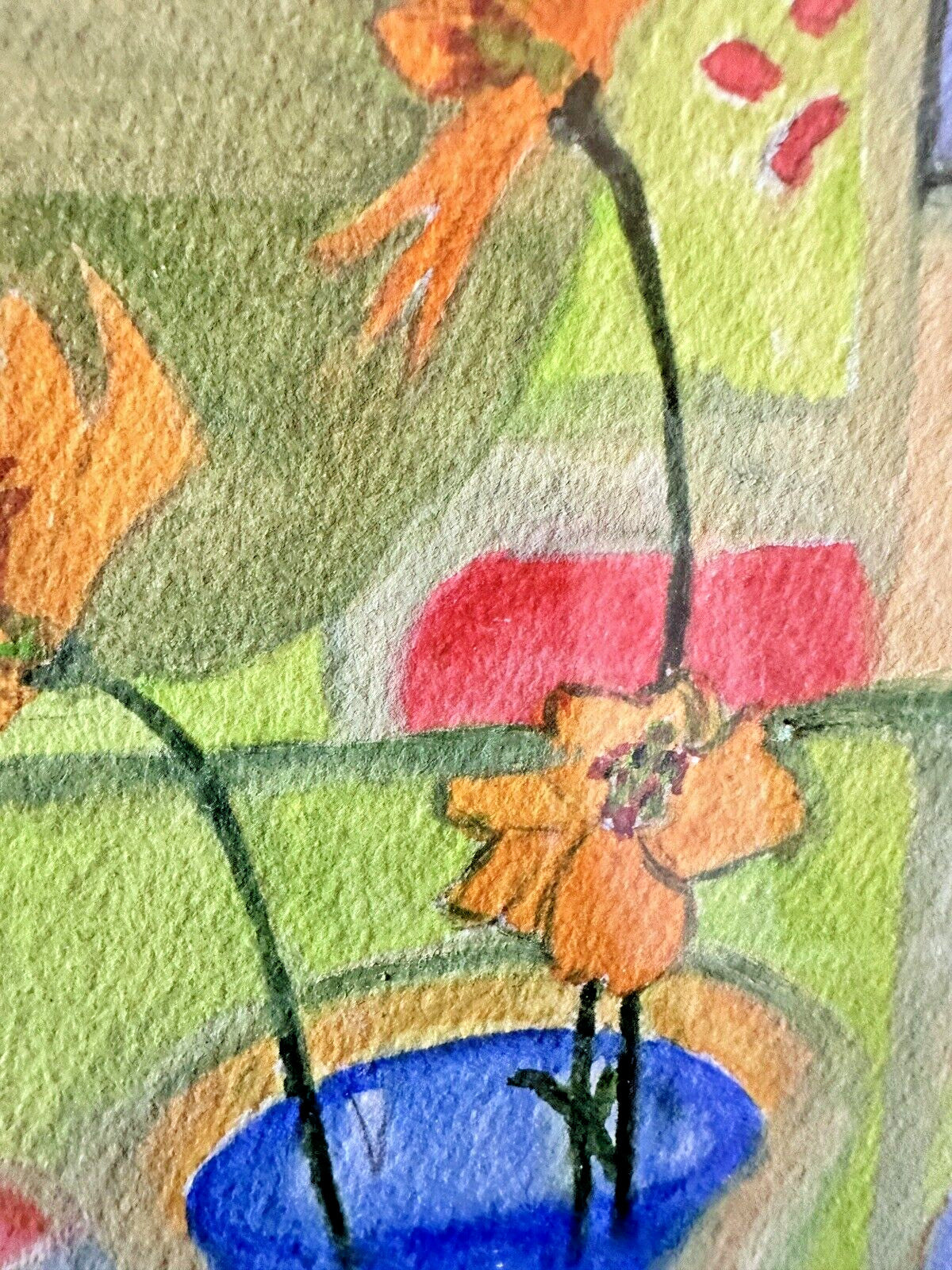 Red Framed Colorful Abtract Flower Blue Vase Art Drawing Signed Sketch By Susan King