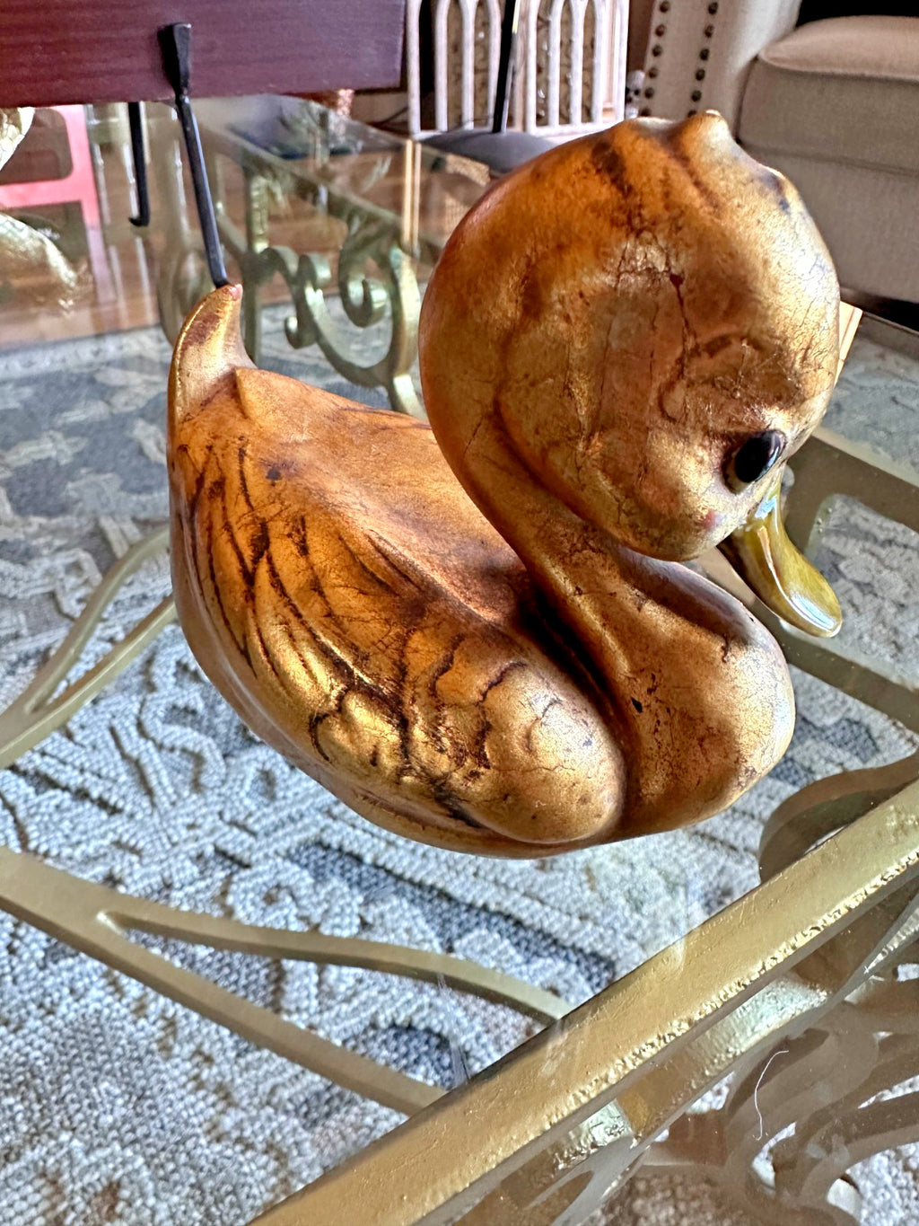 Signed Anthony Freeman Duck Sculpture Gold Ceramic Bird Figurine Vintage