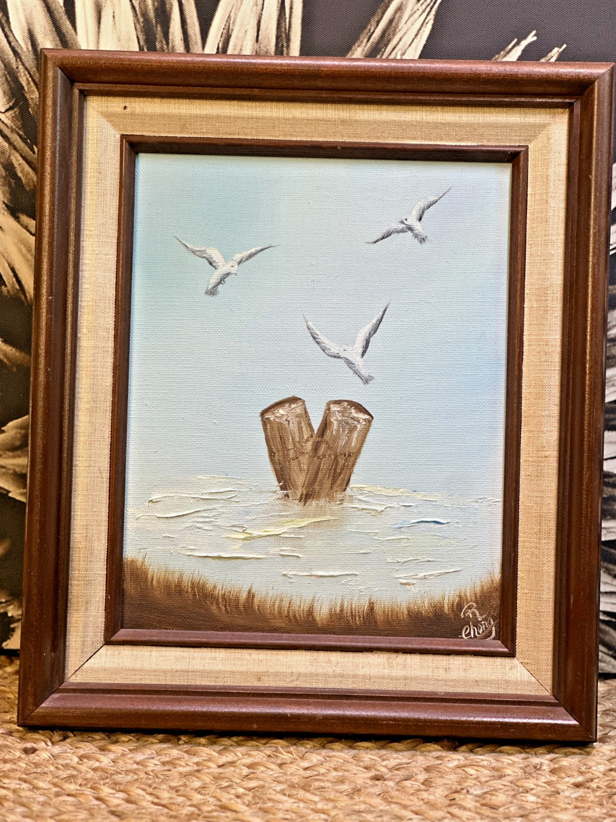 Framed Vintage Original Oil Painting Seagull Bird Coastal Water Seascape Art