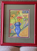 Red Framed Colorful Abtract Flower Blue Vase Art Drawing Signed Sketch By Susan King