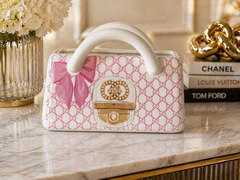 Gucci Pink Ceramic Handbag Vase Luxury Designer Purse Decor Glam Vanity Home Accent